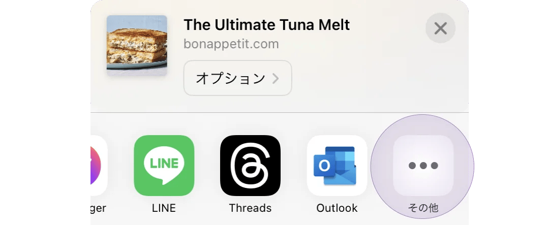 iOS share sheet with the More button highlighted at the end of the app row
