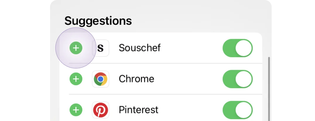 Suggestions list with the green plus button next to Souschef highlighted