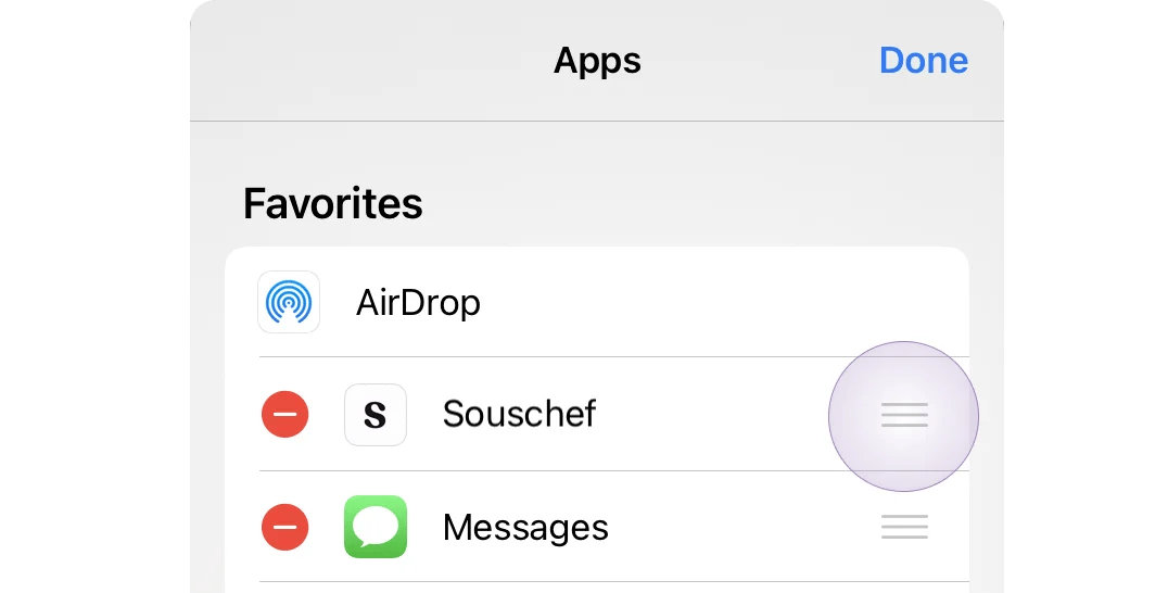 Favorites list with the reorder handle next to Souschef highlighted