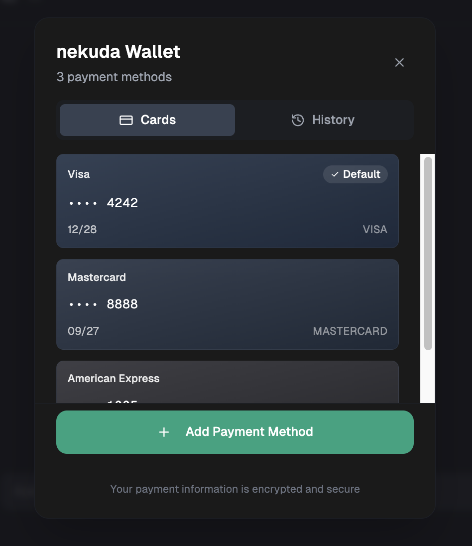 nekuda Wallet showing payment methods