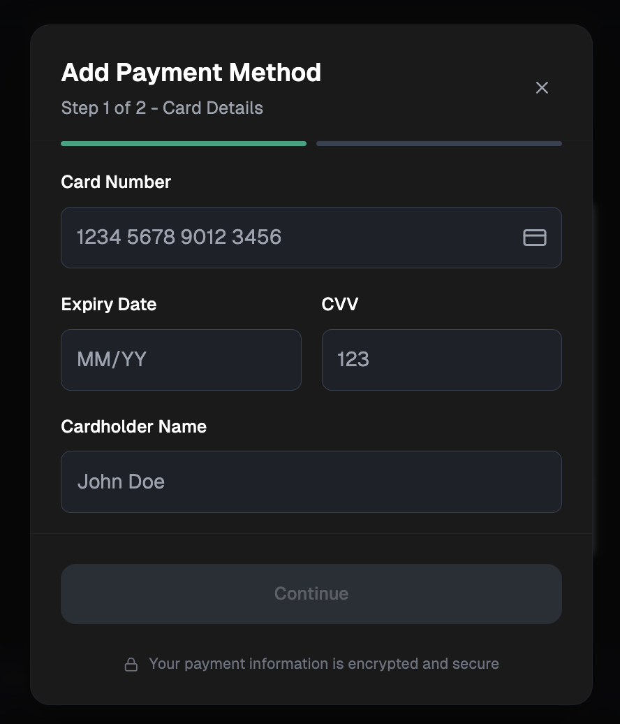 nekuda Wallet add payment method form