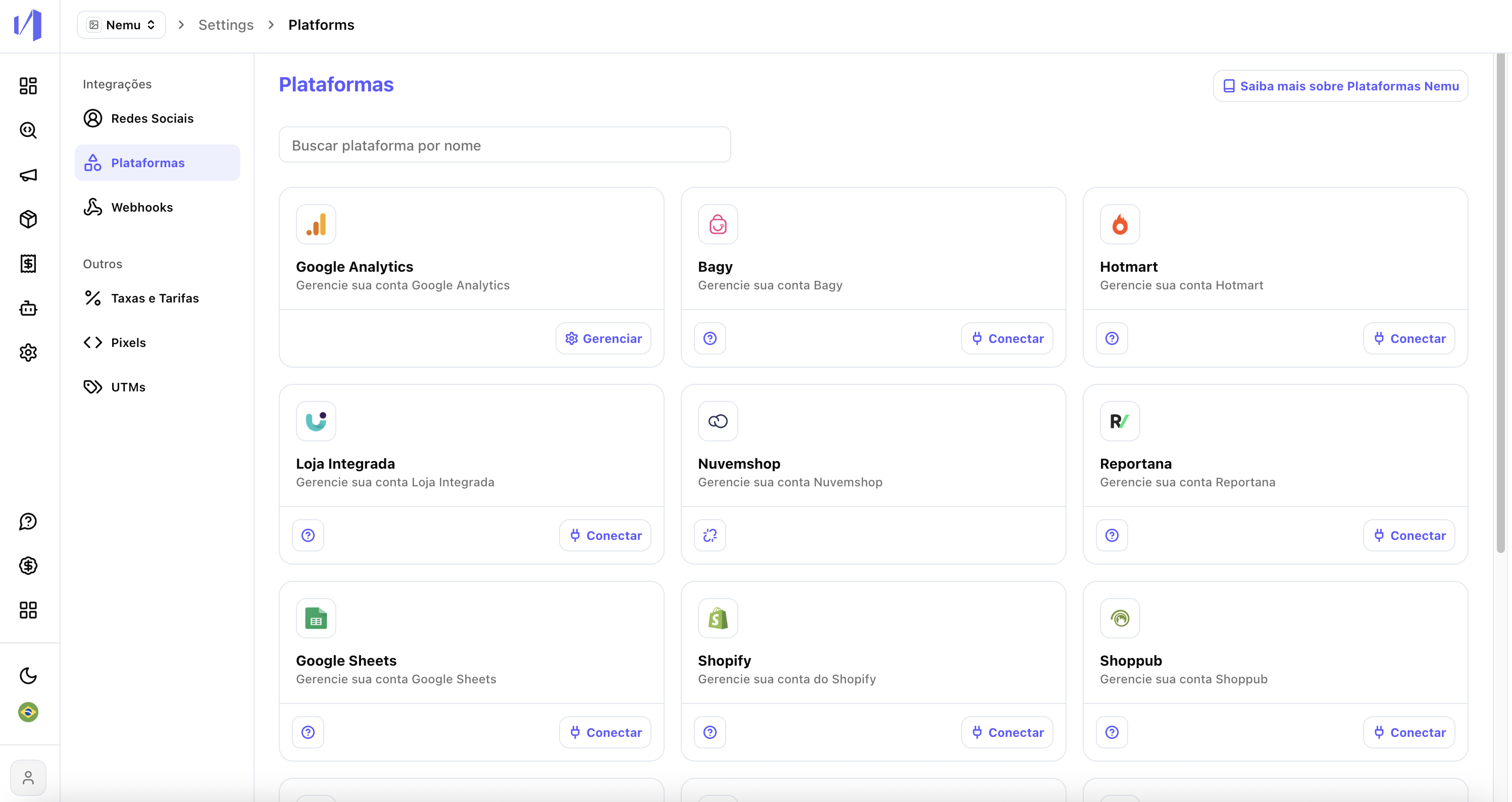 Configurações plataformas