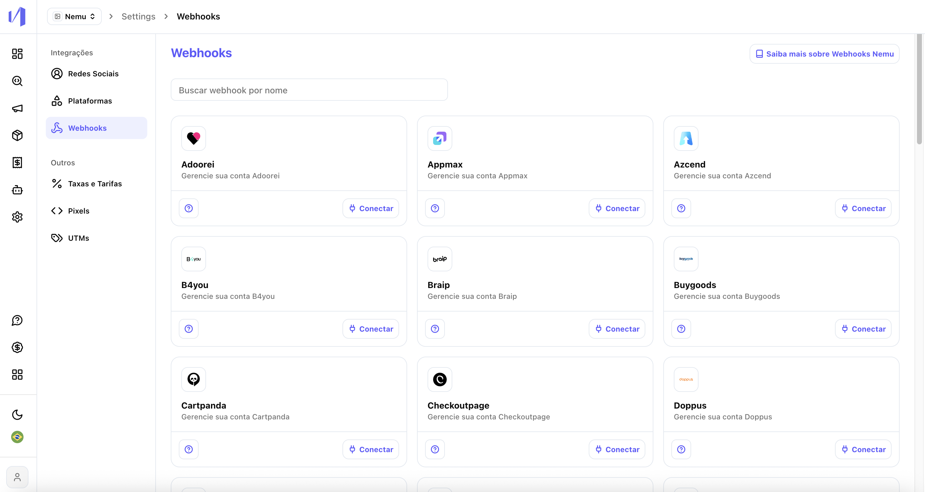 Configurações webhooks