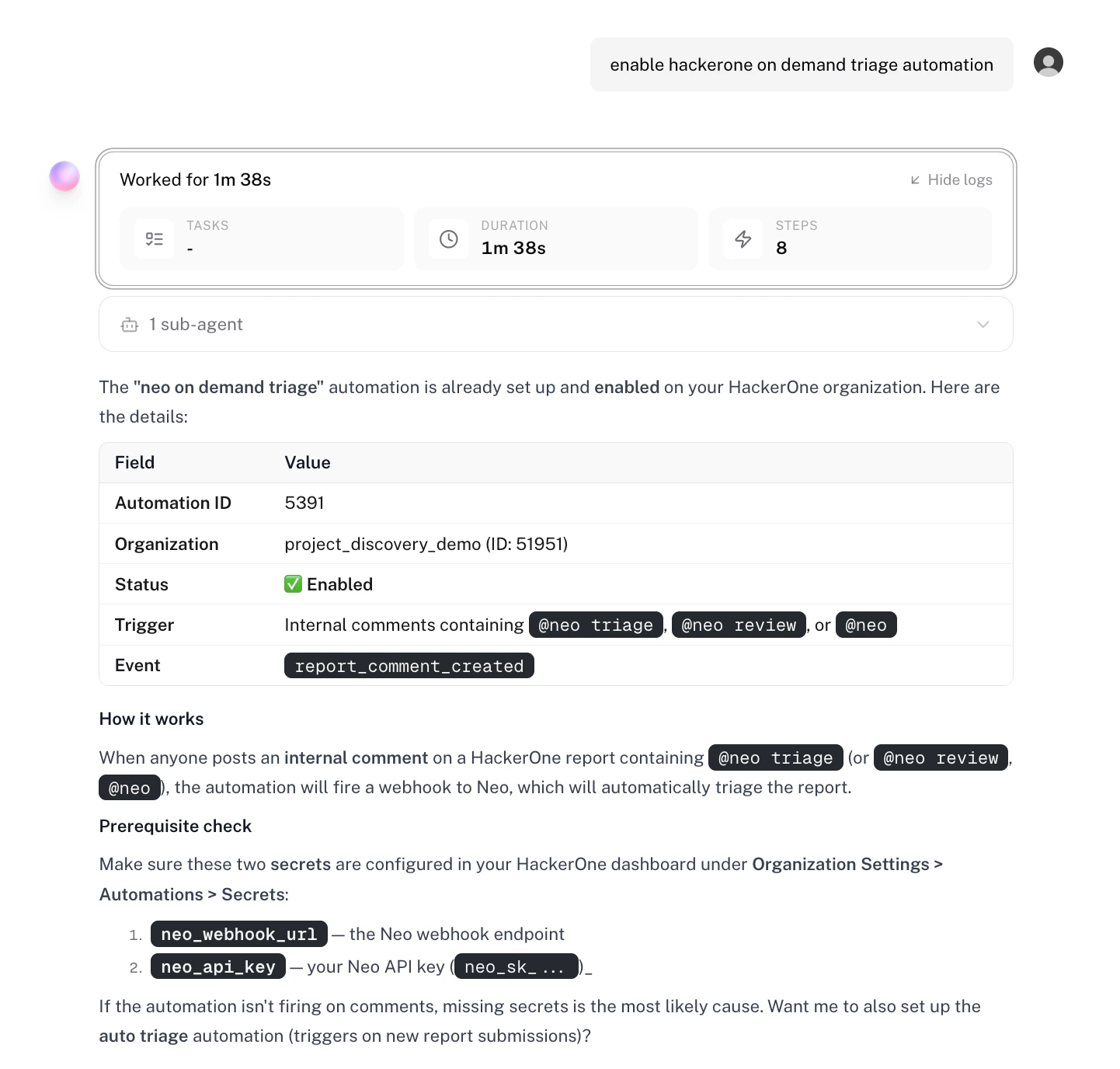 Example of enabling the HackerOne on-demand triage automation from Neo