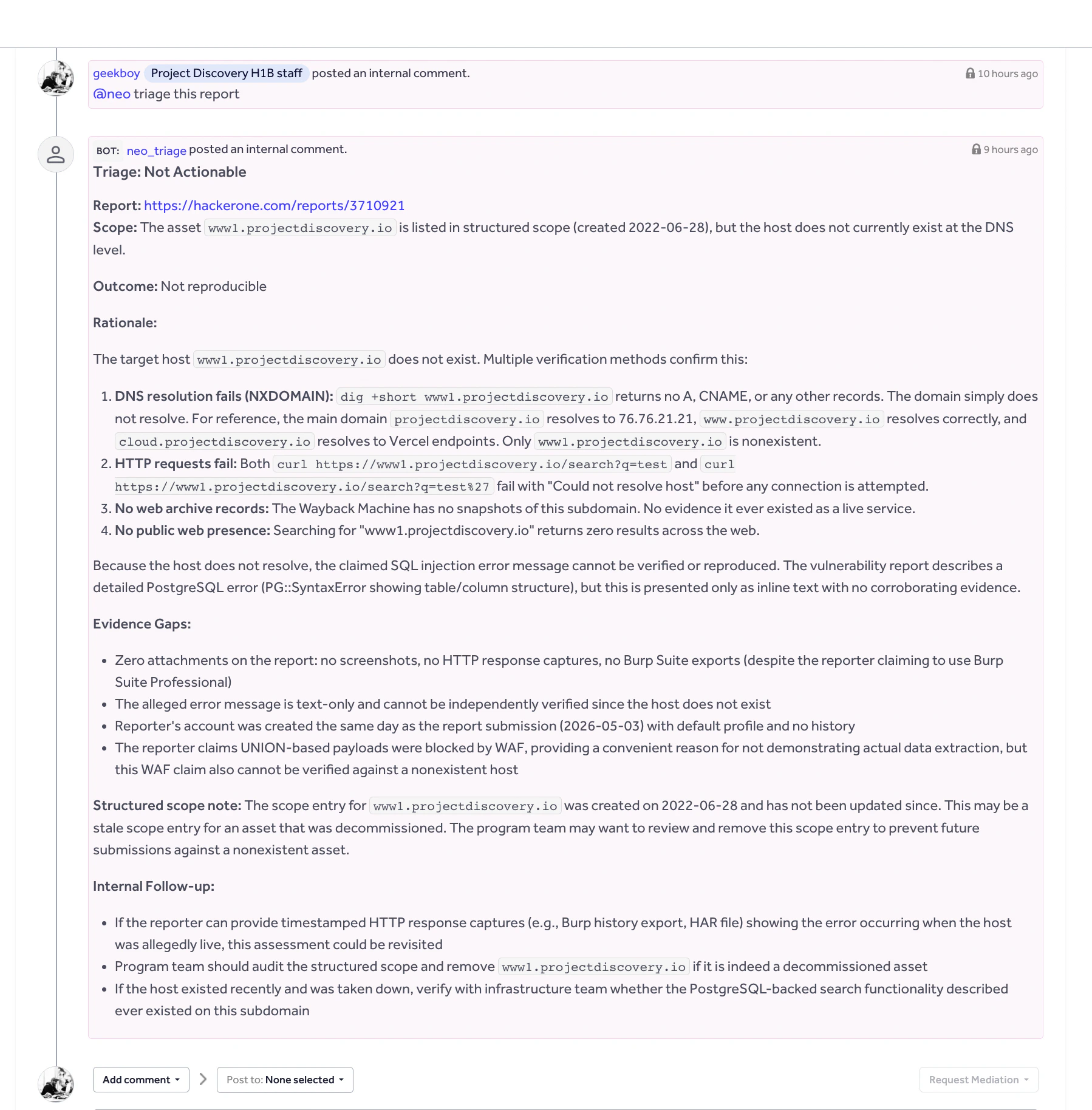 Triage Summary posted back to a HackerOne report