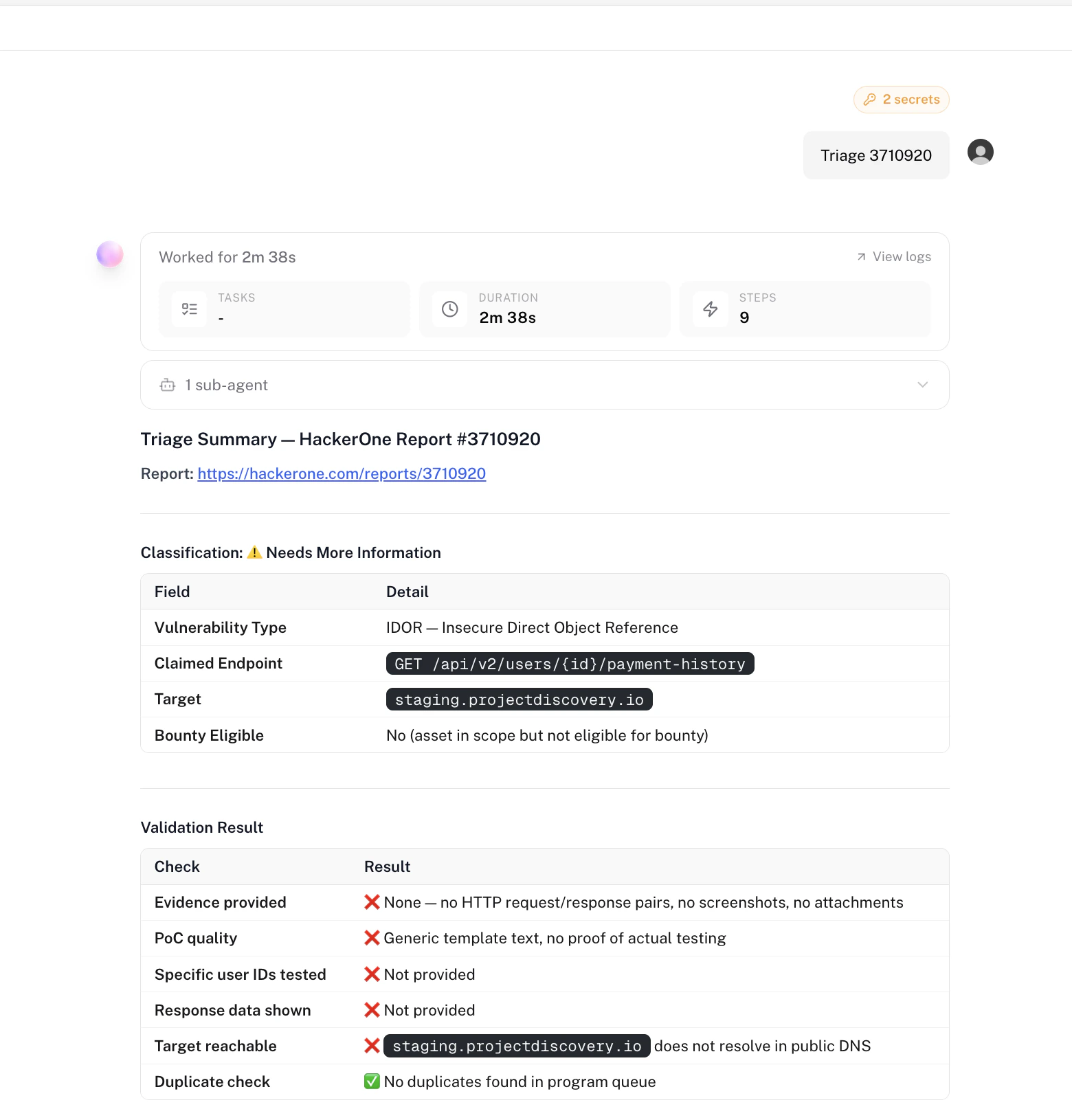 Triage Summary shown in a Neo task