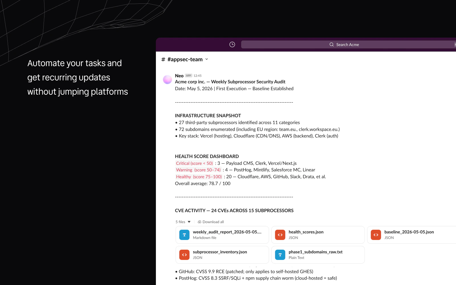 Neo app home in Slack with suggested prompts for security scans, code review, and CVE research