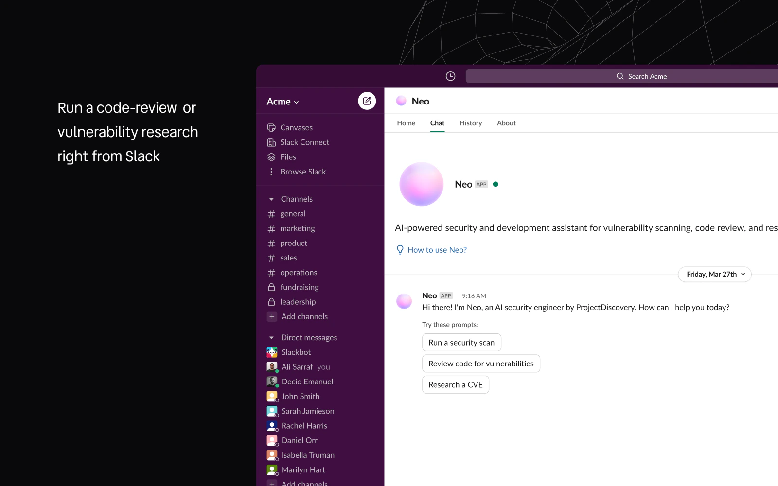 Neo validating and triaging a vulnerability ticket in a Slack thread alongside teammates