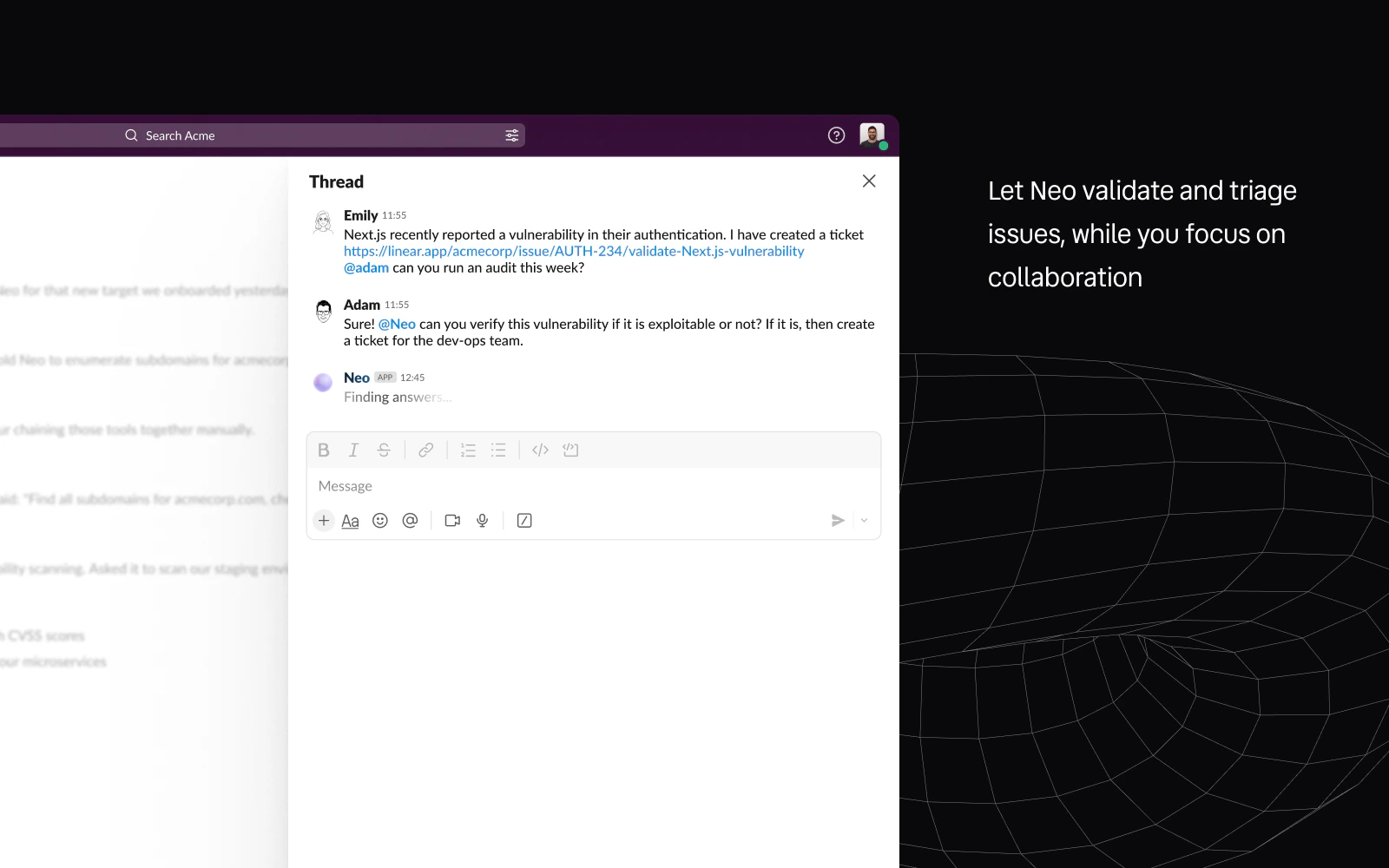 Neo posting a Slack channel summary of a weekly security audit with attached JSON and Markdown reports