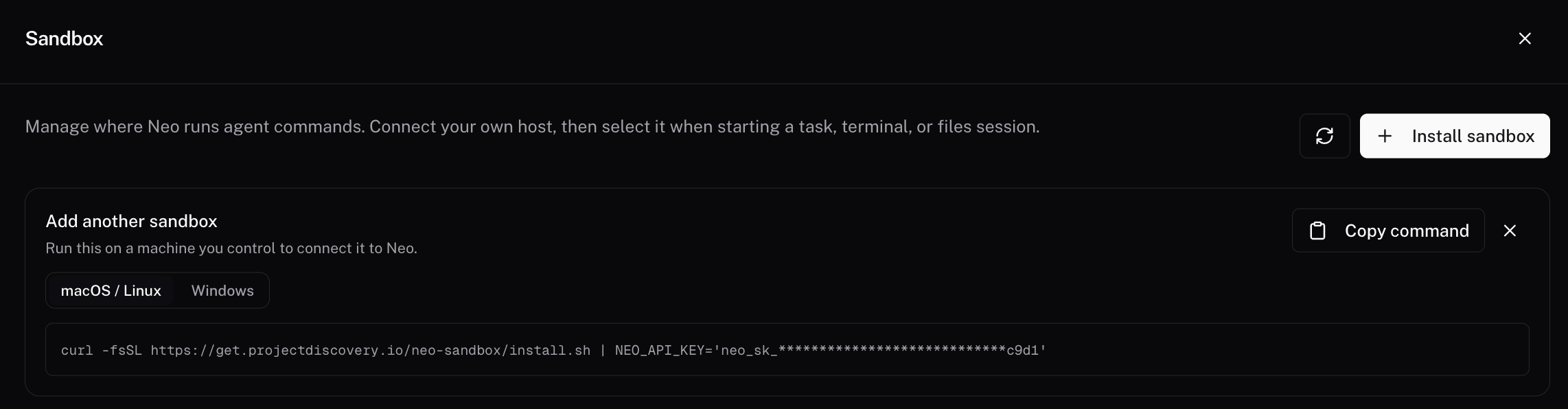 Sandbox settings showing the operating system selector and generated self-hosted sandbox install command