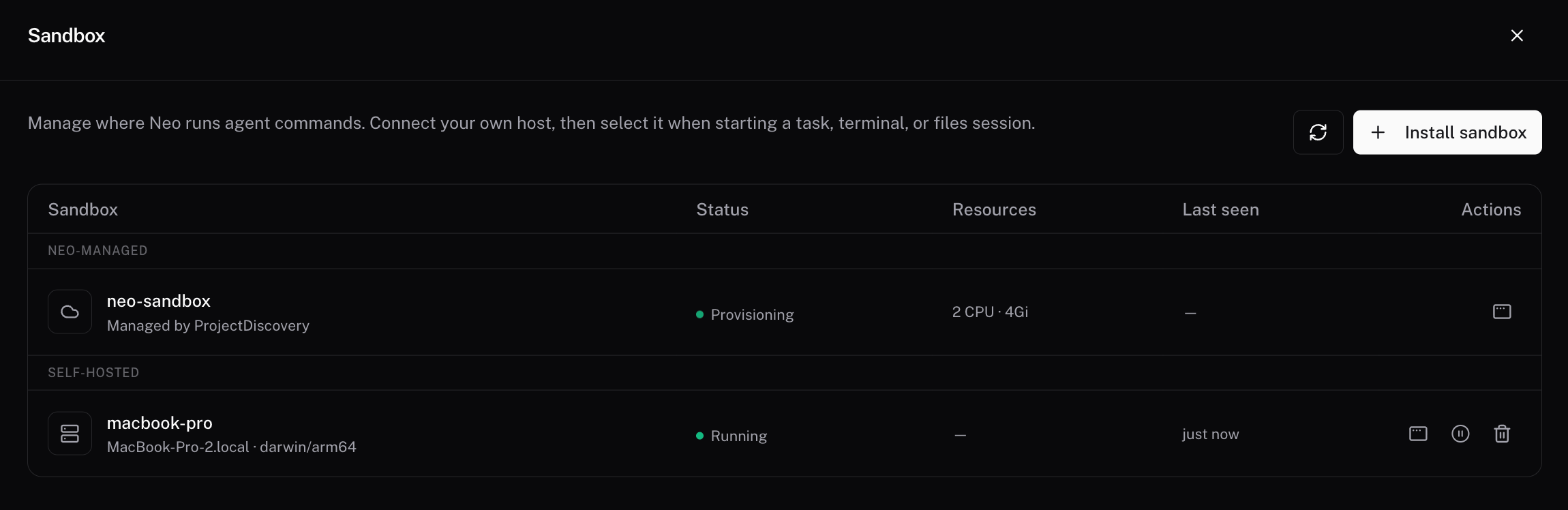 Sandbox settings showing a Neo-managed sandbox and a self-hosted macbook-pro sandbox with Running status