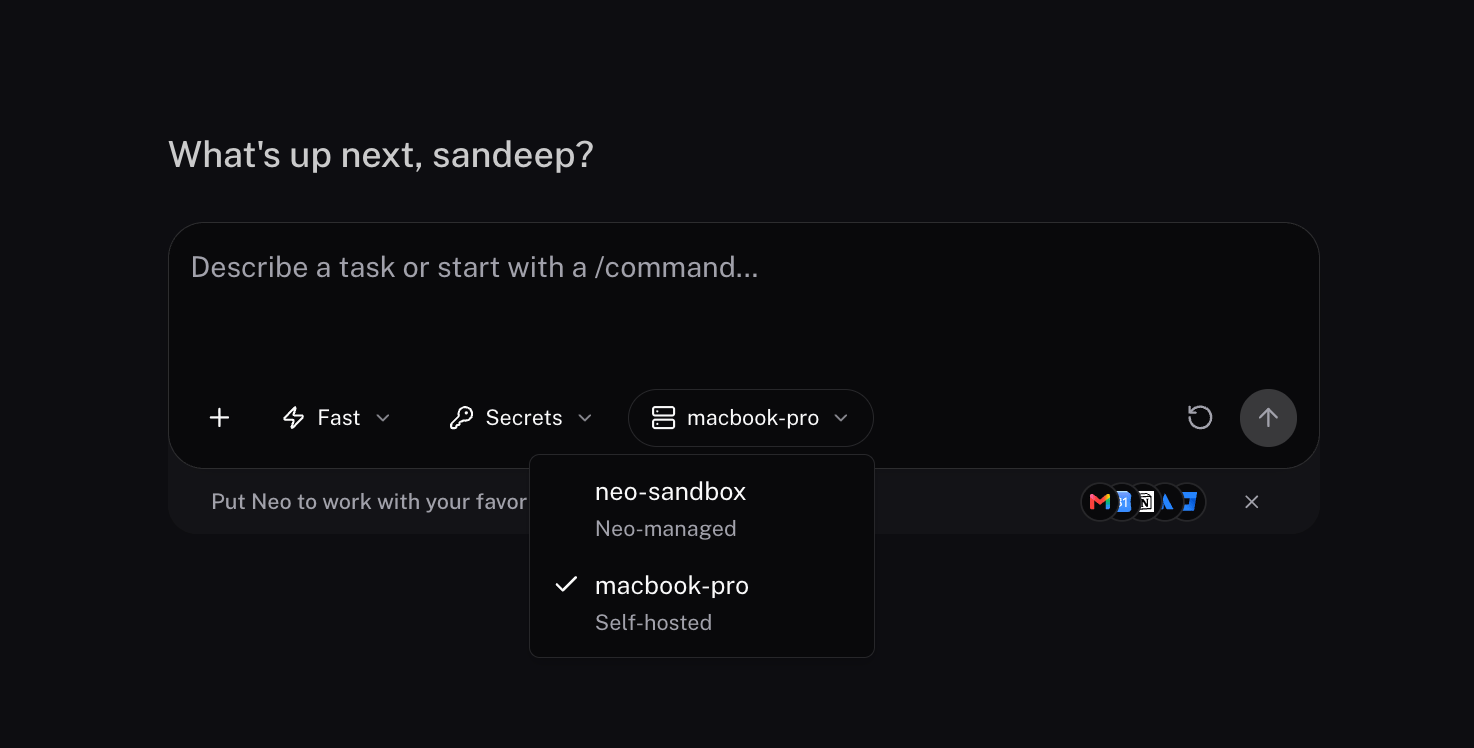 Neo task composer with the sandbox selector open and a self-hosted macbook-pro sandbox selected