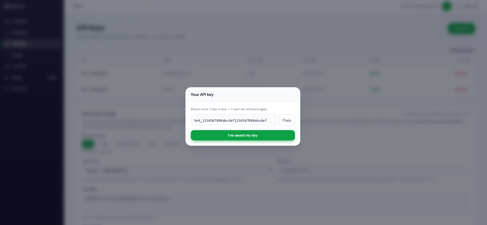 The dialog showing a newly created API key once