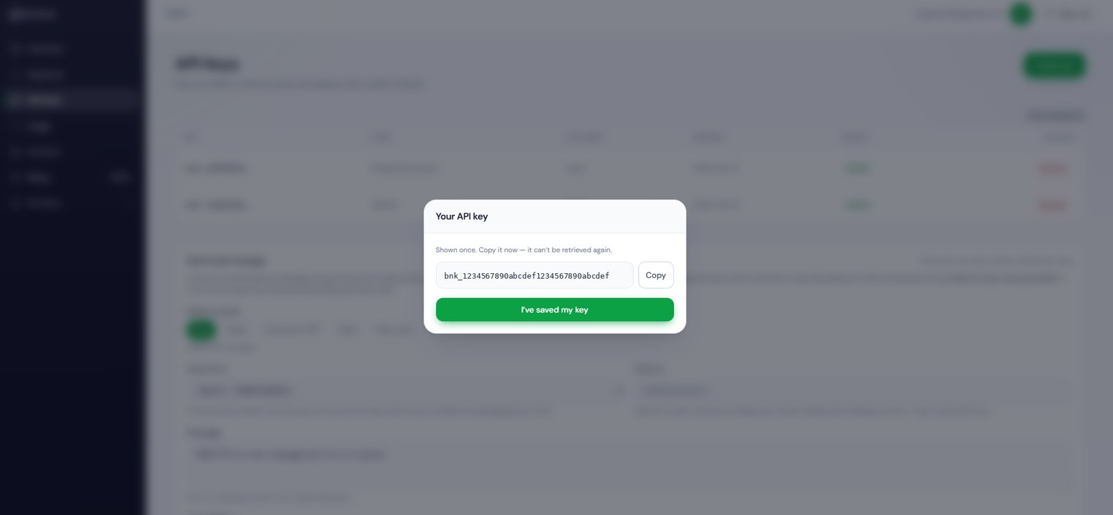 The dialog showing a newly created API key once