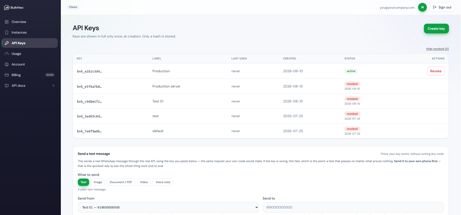The API Keys screen showing a revoke action