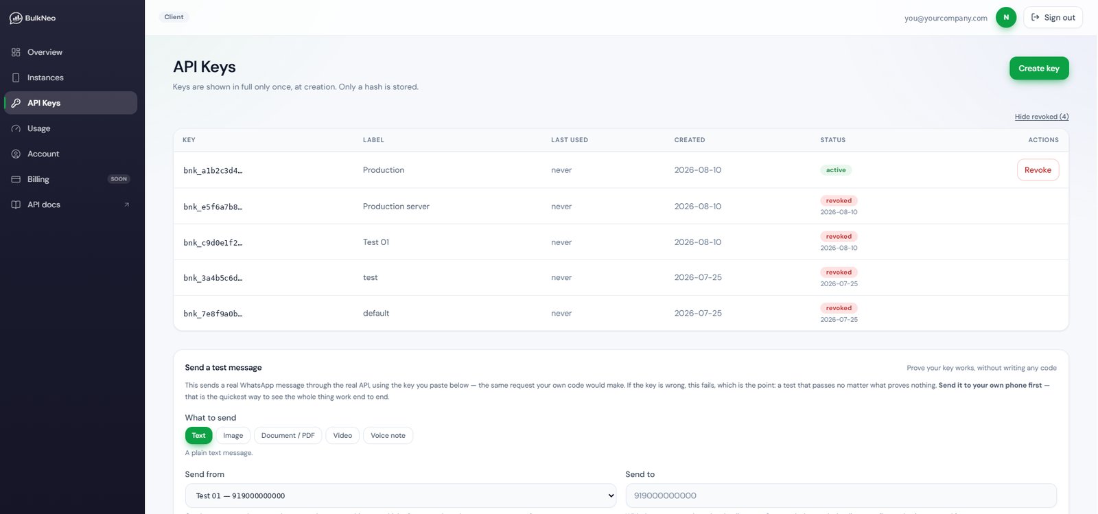 The API Keys screen showing a revoke action