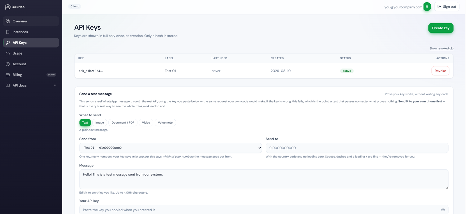 The portal API Keys screen listing keys by label and prefix