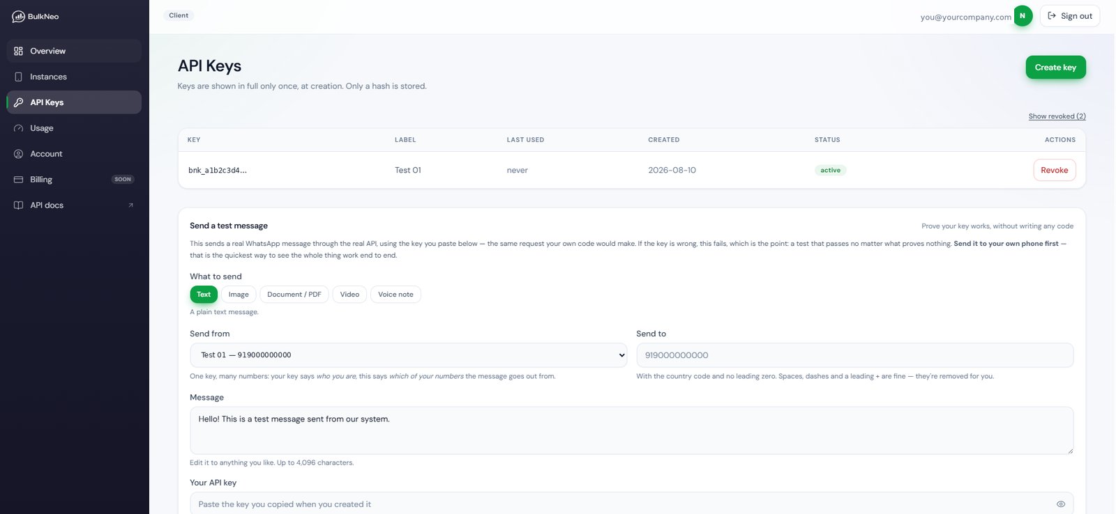 The portal API Keys screen listing keys by label and prefix