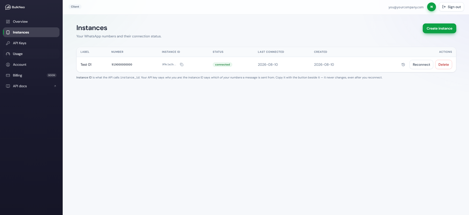 The Instances screen showing the Instance ID column