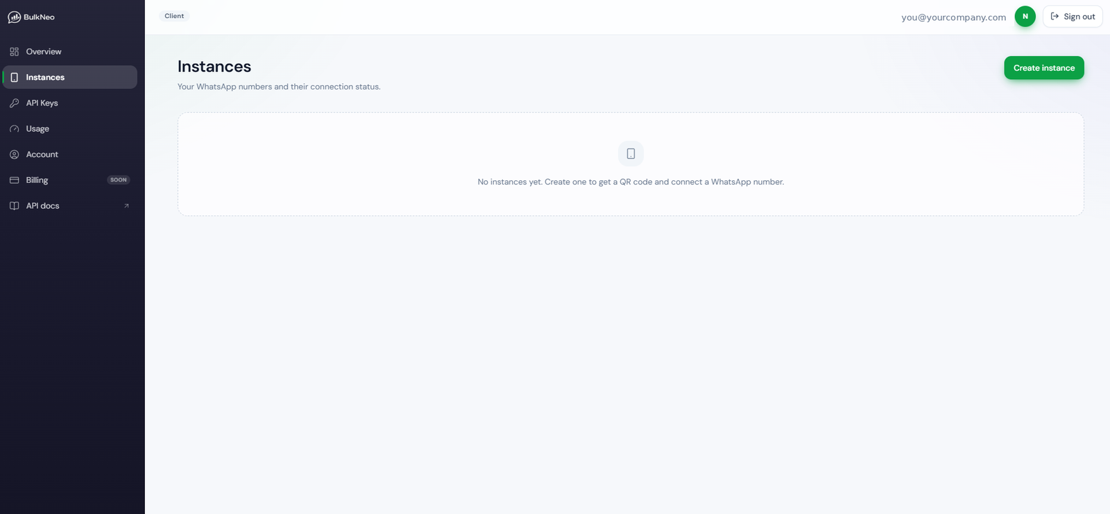 The portal Instances screen with the Create instance button