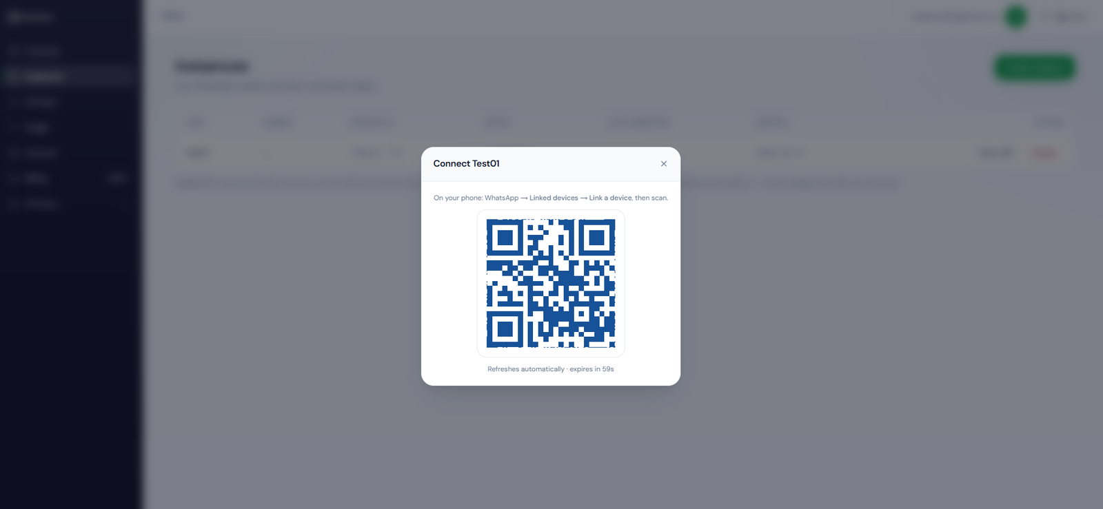 The portal QR modal showing a pairing code