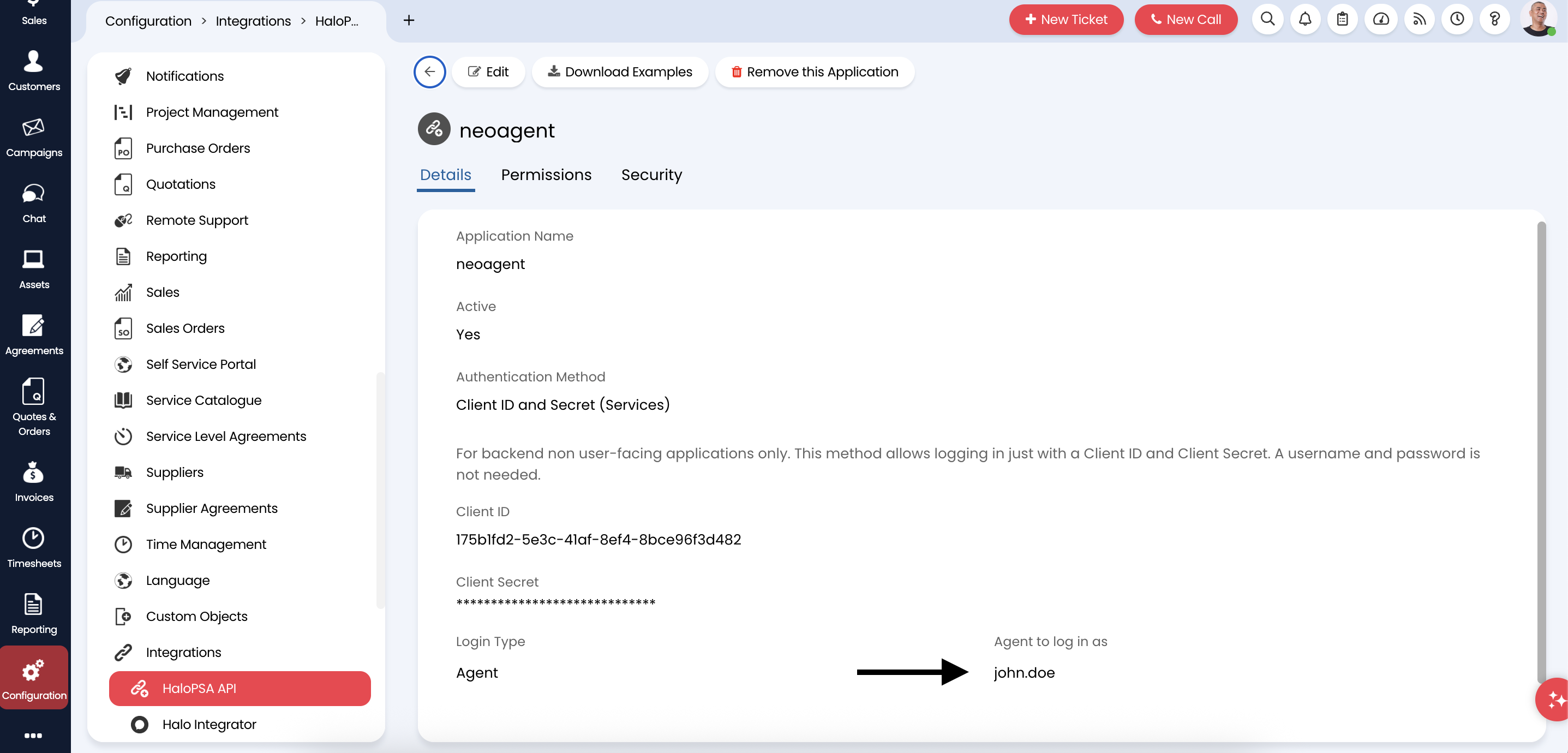 HaloPSA API application settings showing the Agent to log in as field