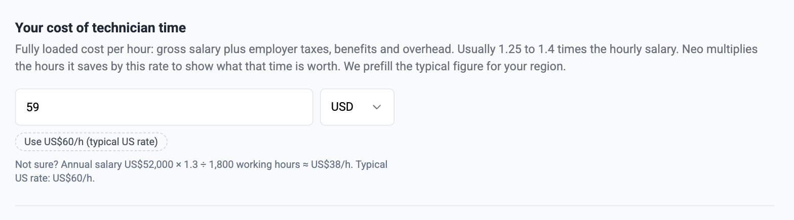 Settings: Your cost of technician time, with an amount, a currency and the typical US rate as a one-click choice