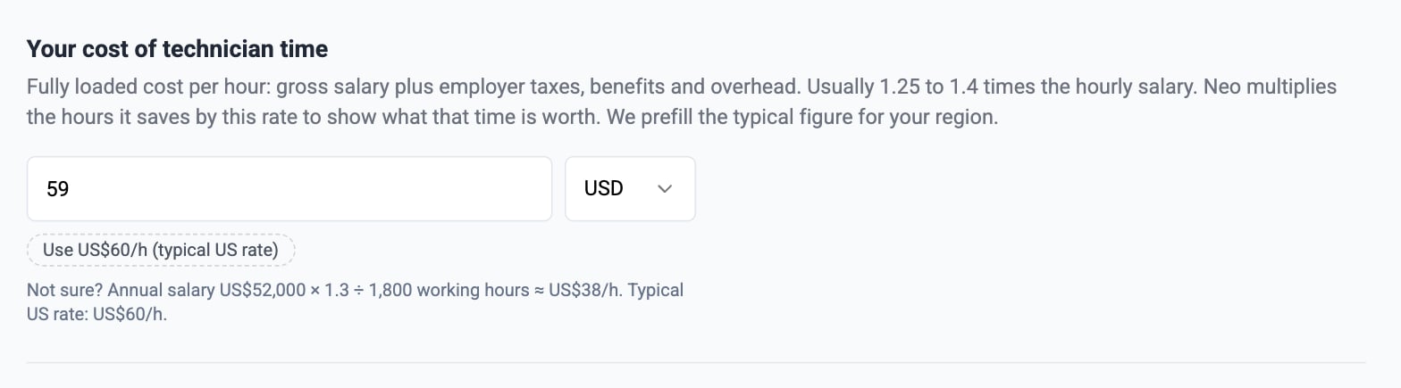 Settings: Your cost of technician time, with an amount, a currency and the typical US rate as a one-click choice