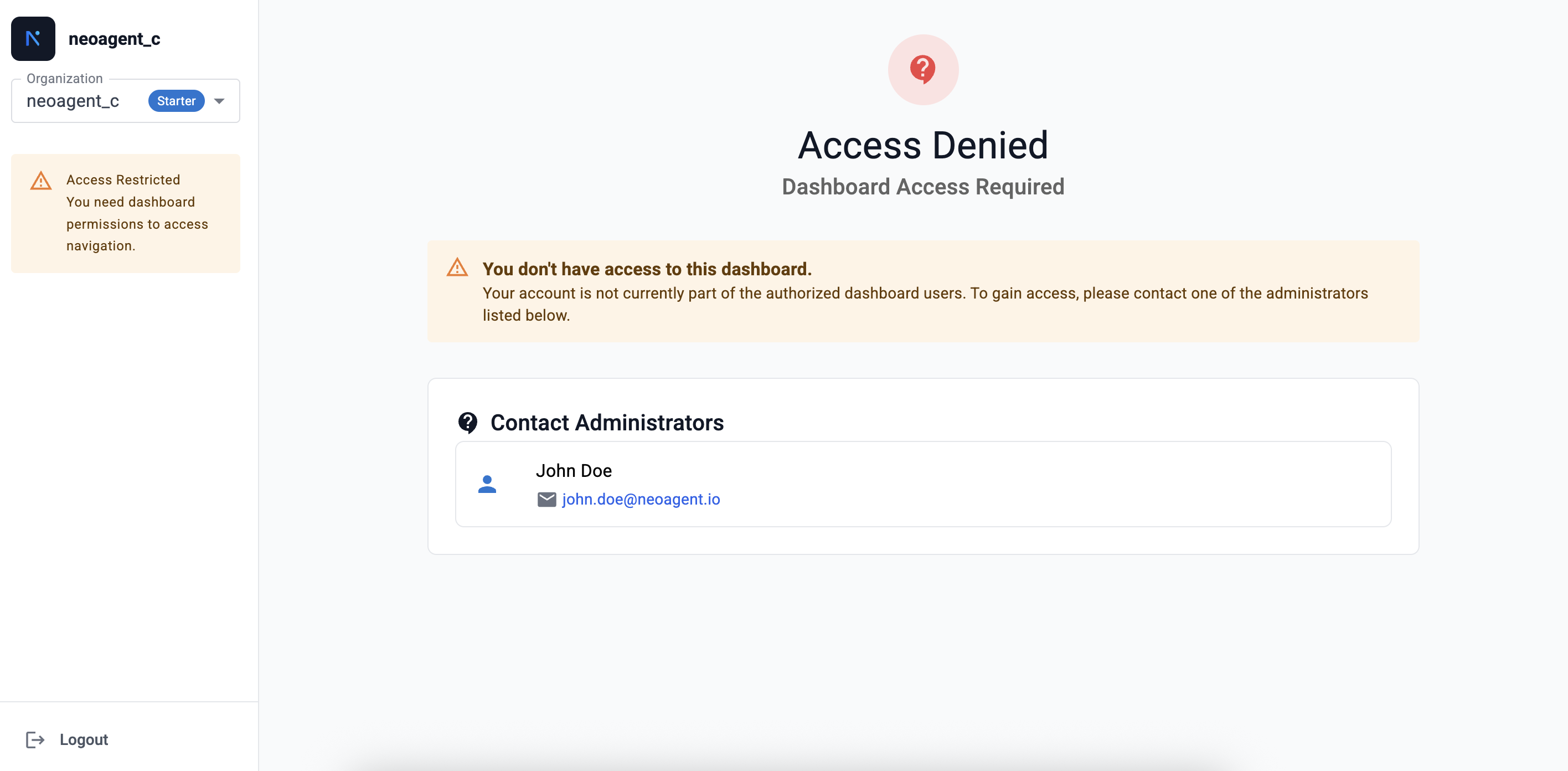 Dashboard Access Denied screen with explanation and administrator contact information