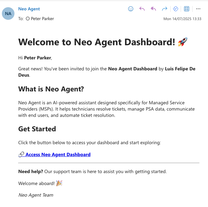 Sample invitation email sent to new users