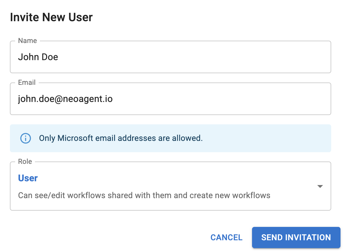 Invite New User form with name, email, and role selection