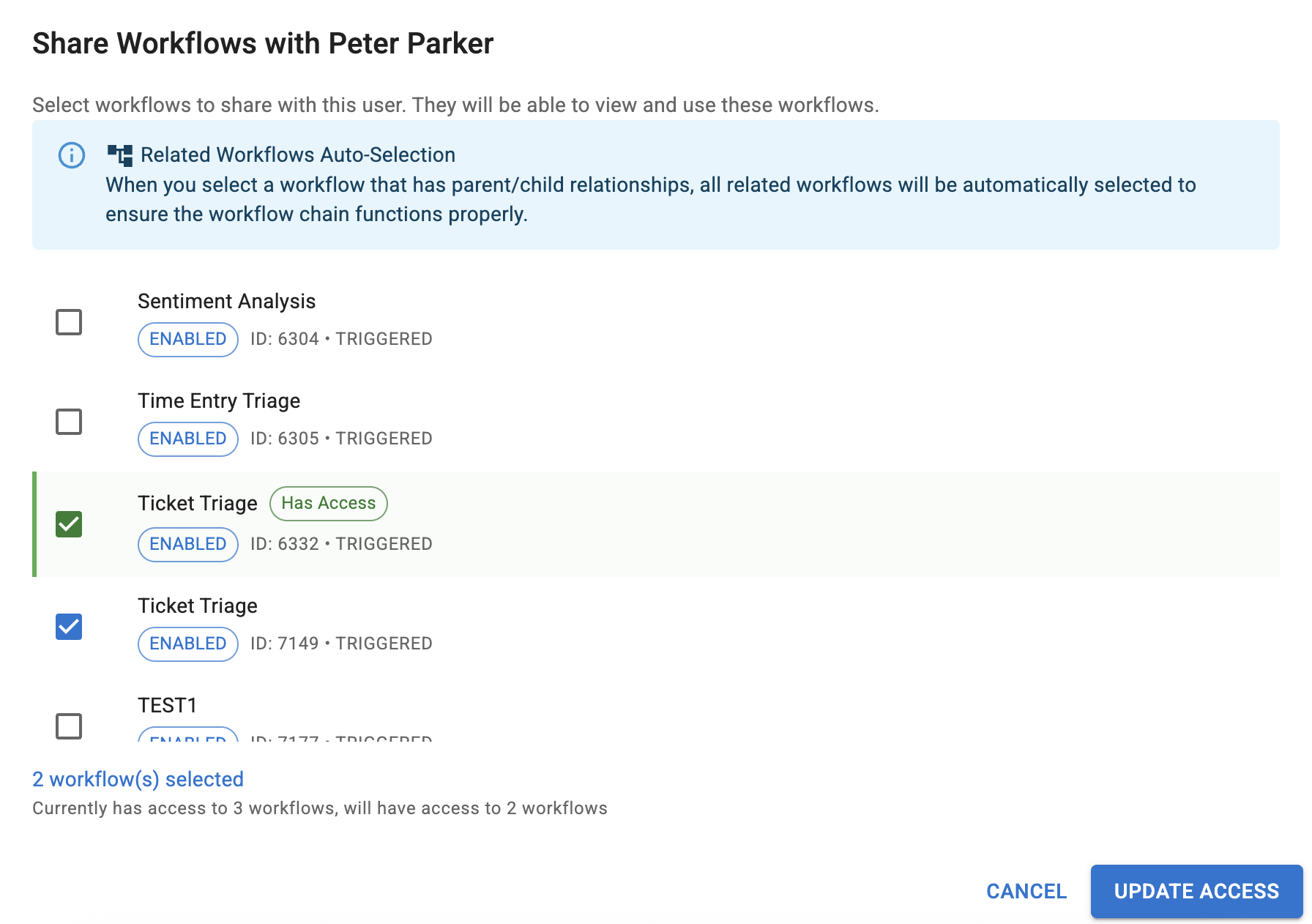 Workflow sharing interface for selecting users and workflows