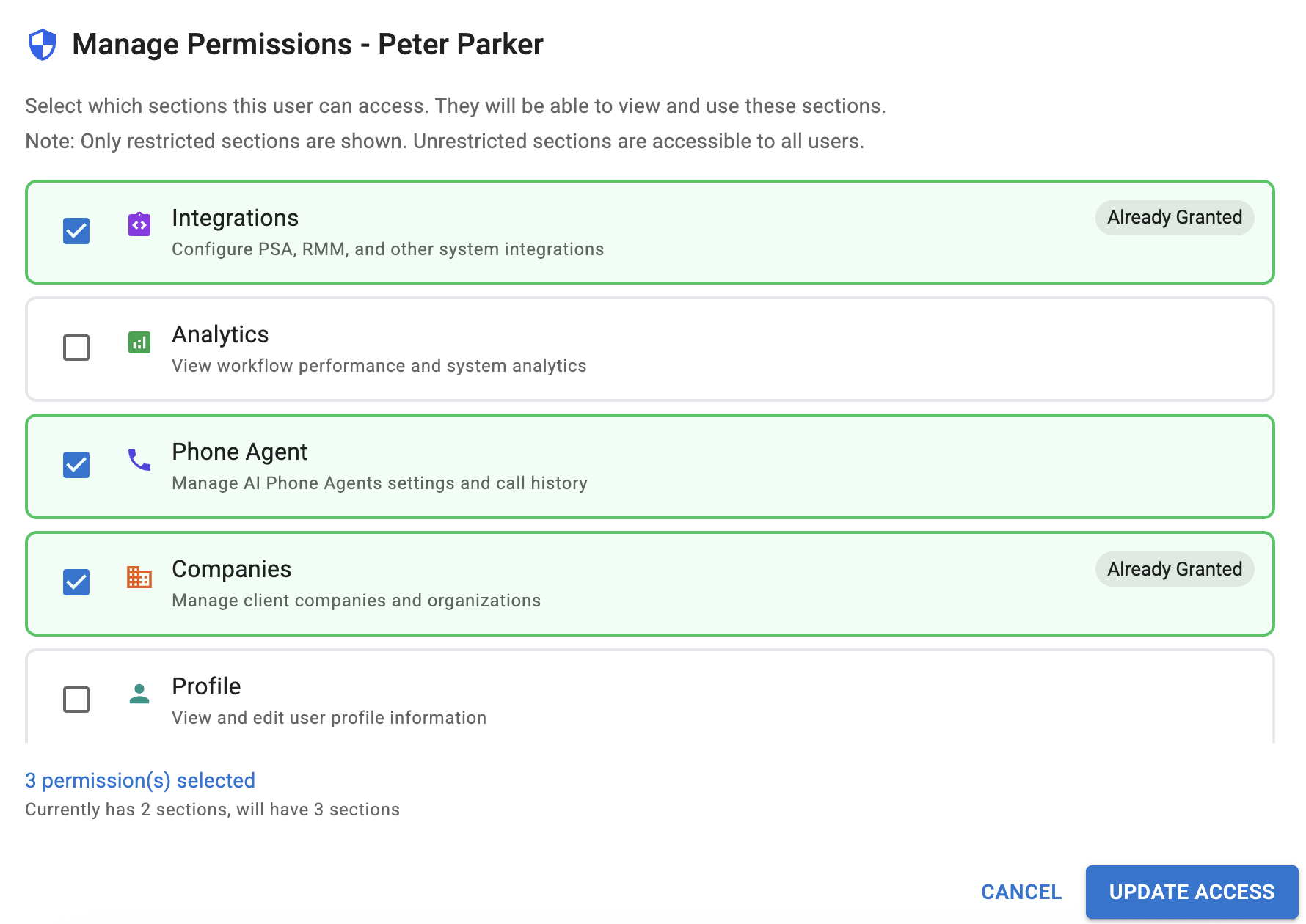 Update permissions interface showing granular dashboard tab access controls