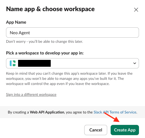 Name the app and select workspace