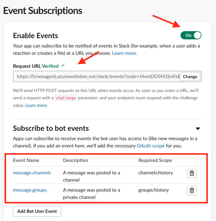 Configure event subscriptions in Slack