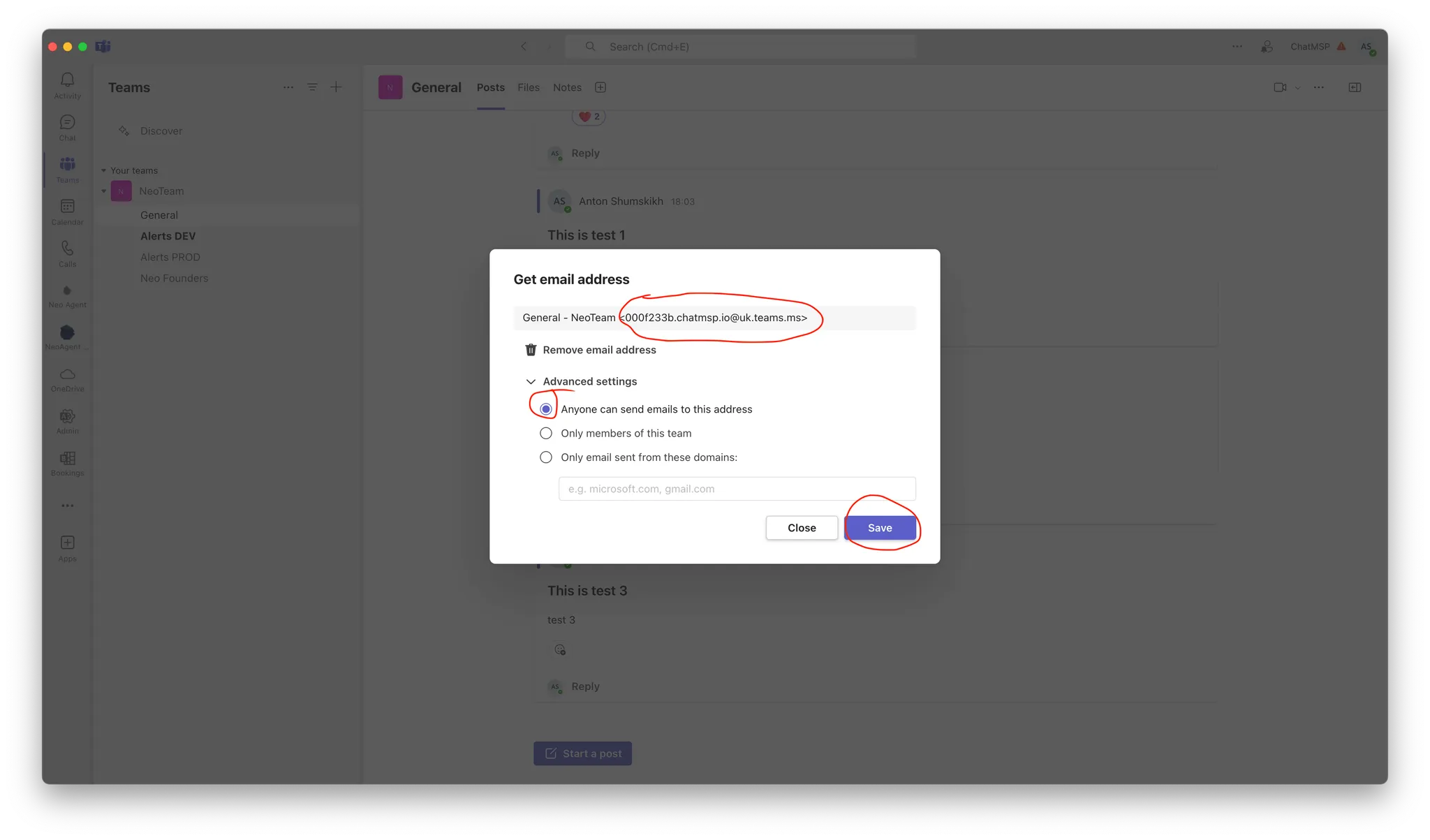 Enable external senders for the channel email