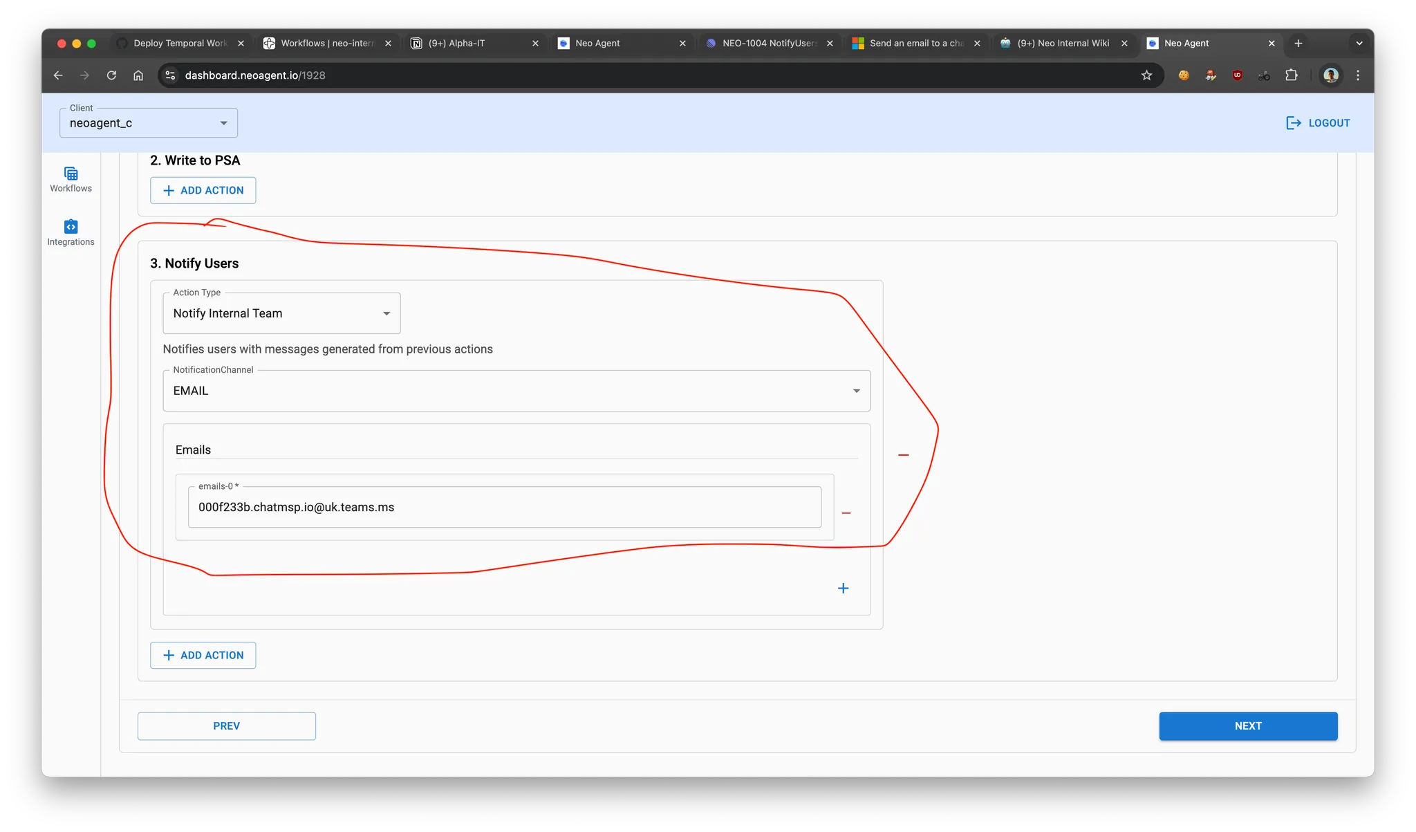 Use channel email in the Notify Internal Team action