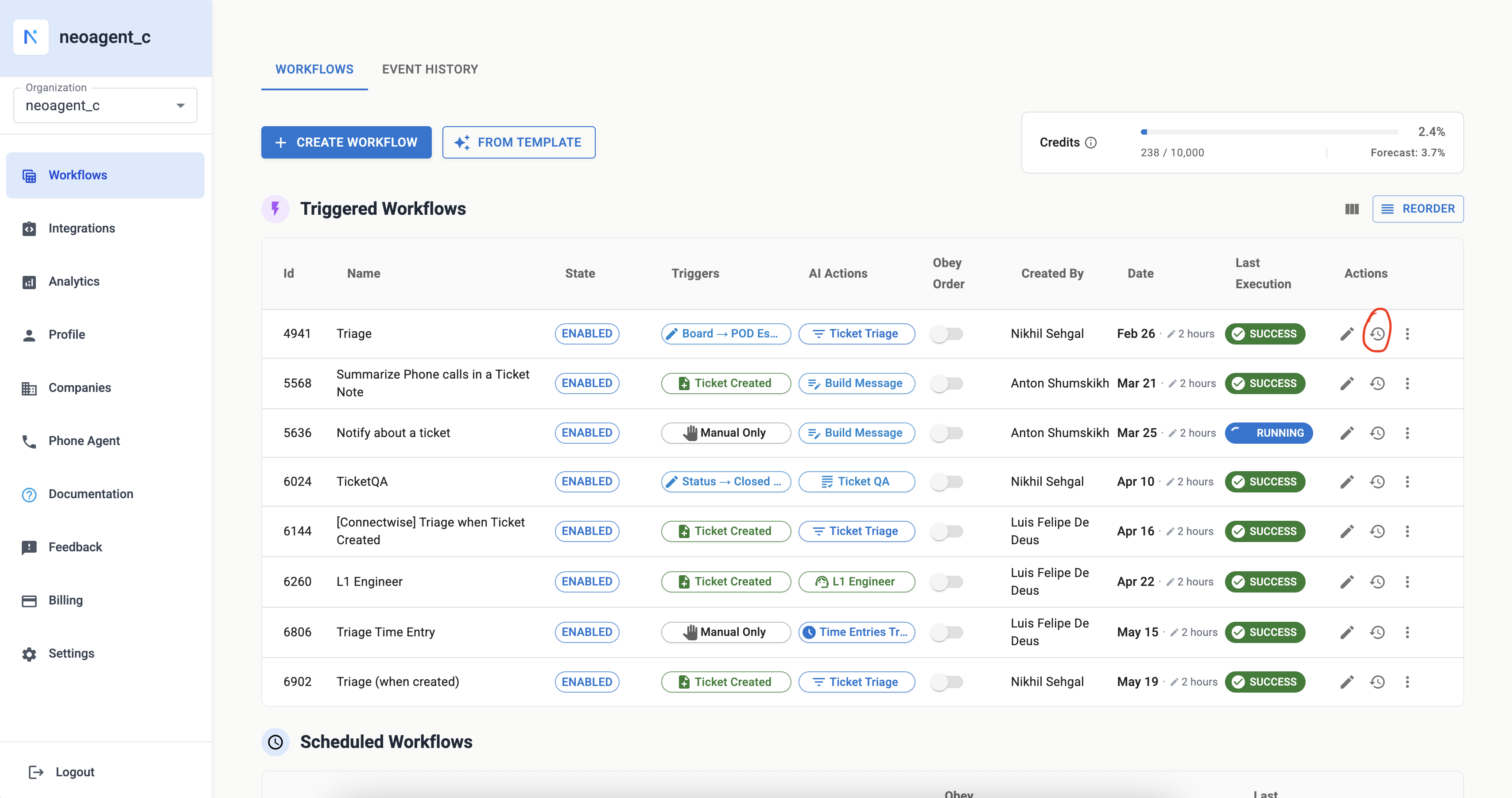 Accessing Workflow Event History from the Workflows List