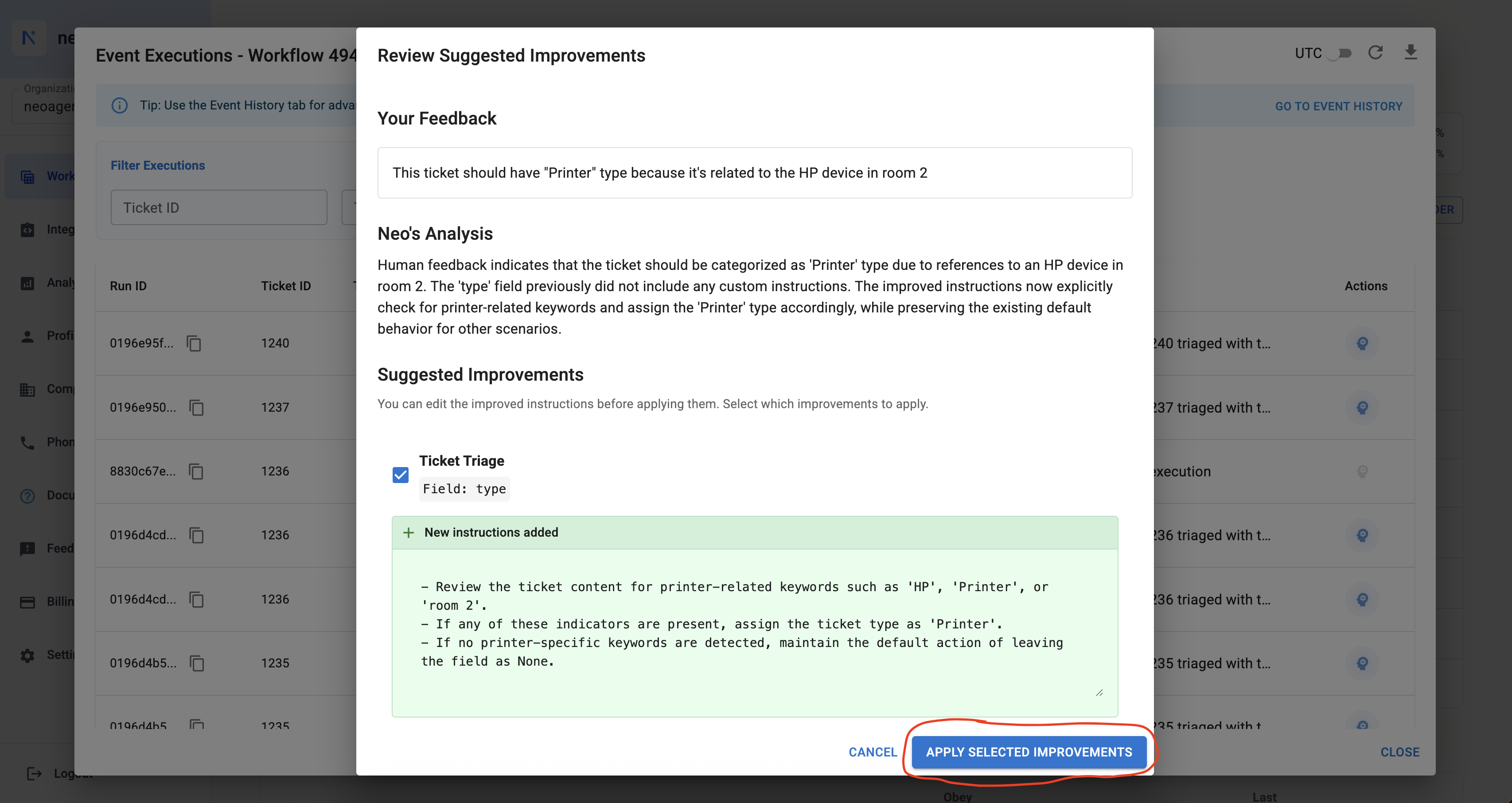 Reviewing Neo's suggested improvements to custom instructions
