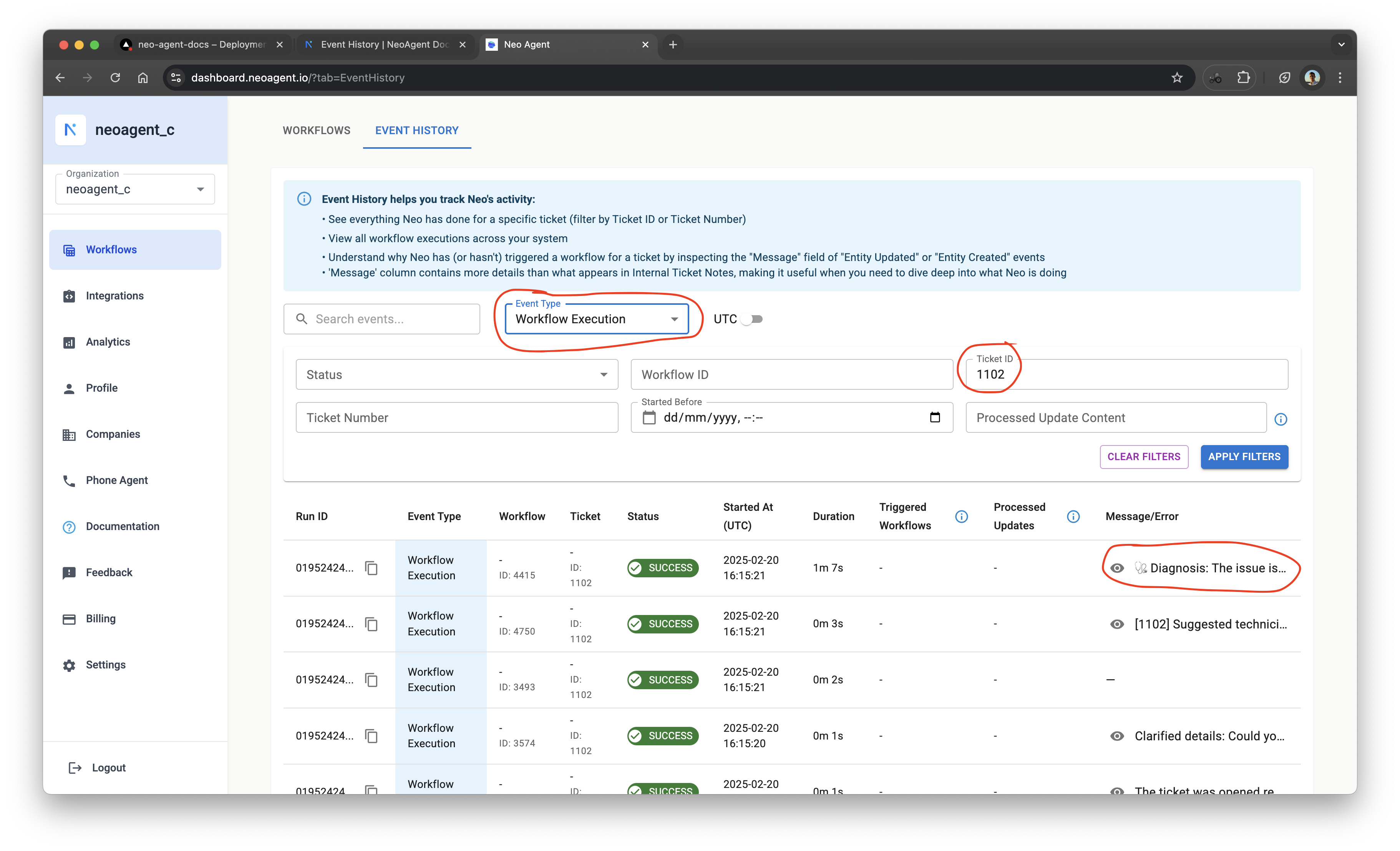 Event History Landing Page showing workflow executions and entity events