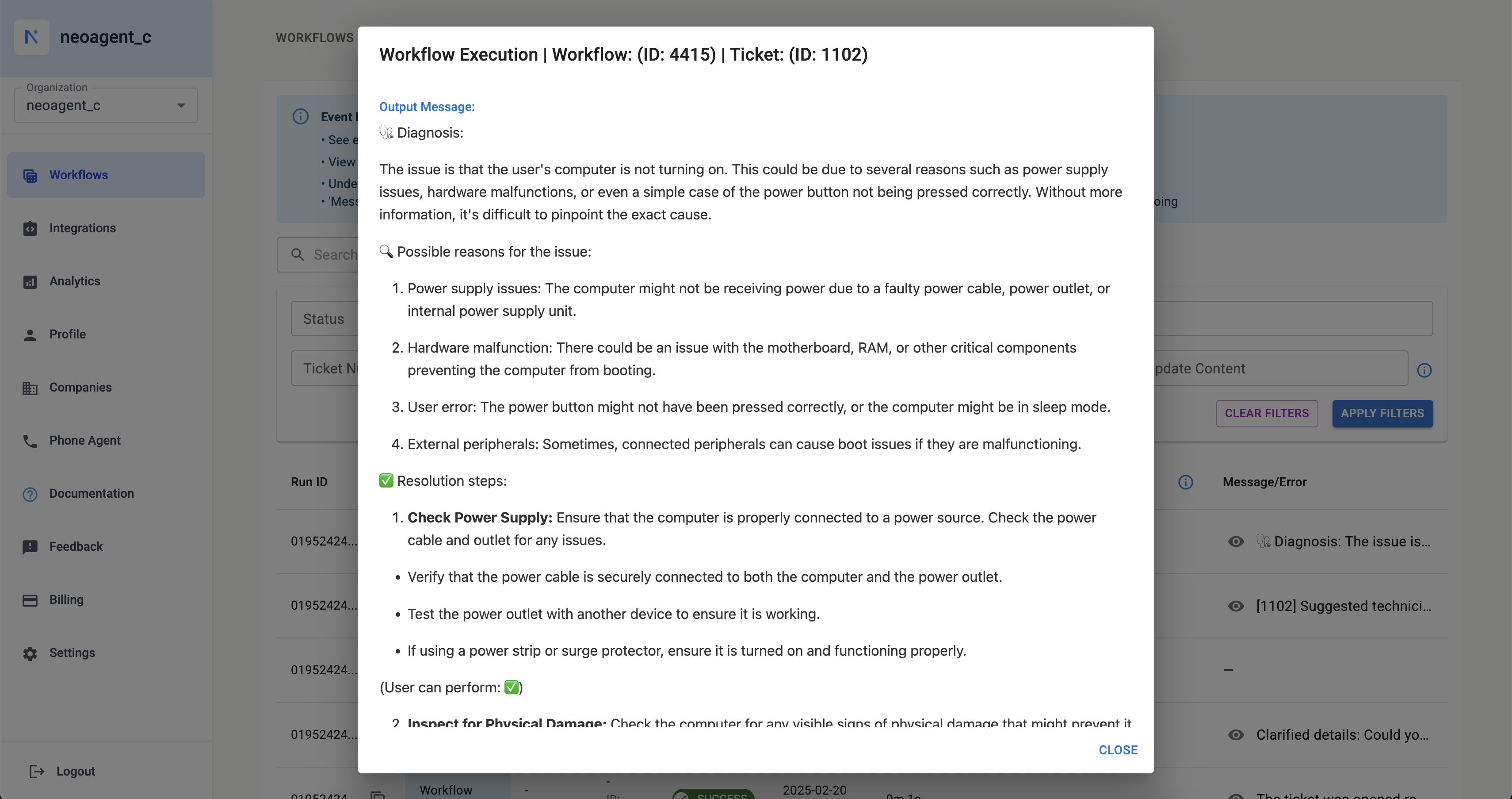 Workflow Execution Details Modal showing detailed output message