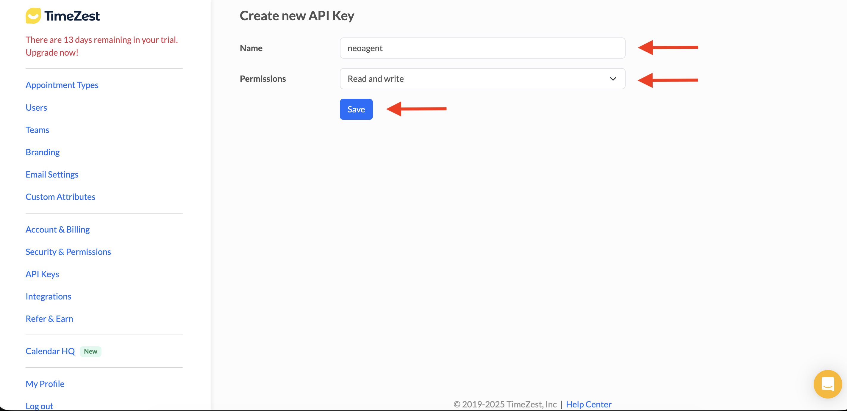 TimeZest Create new API Key form