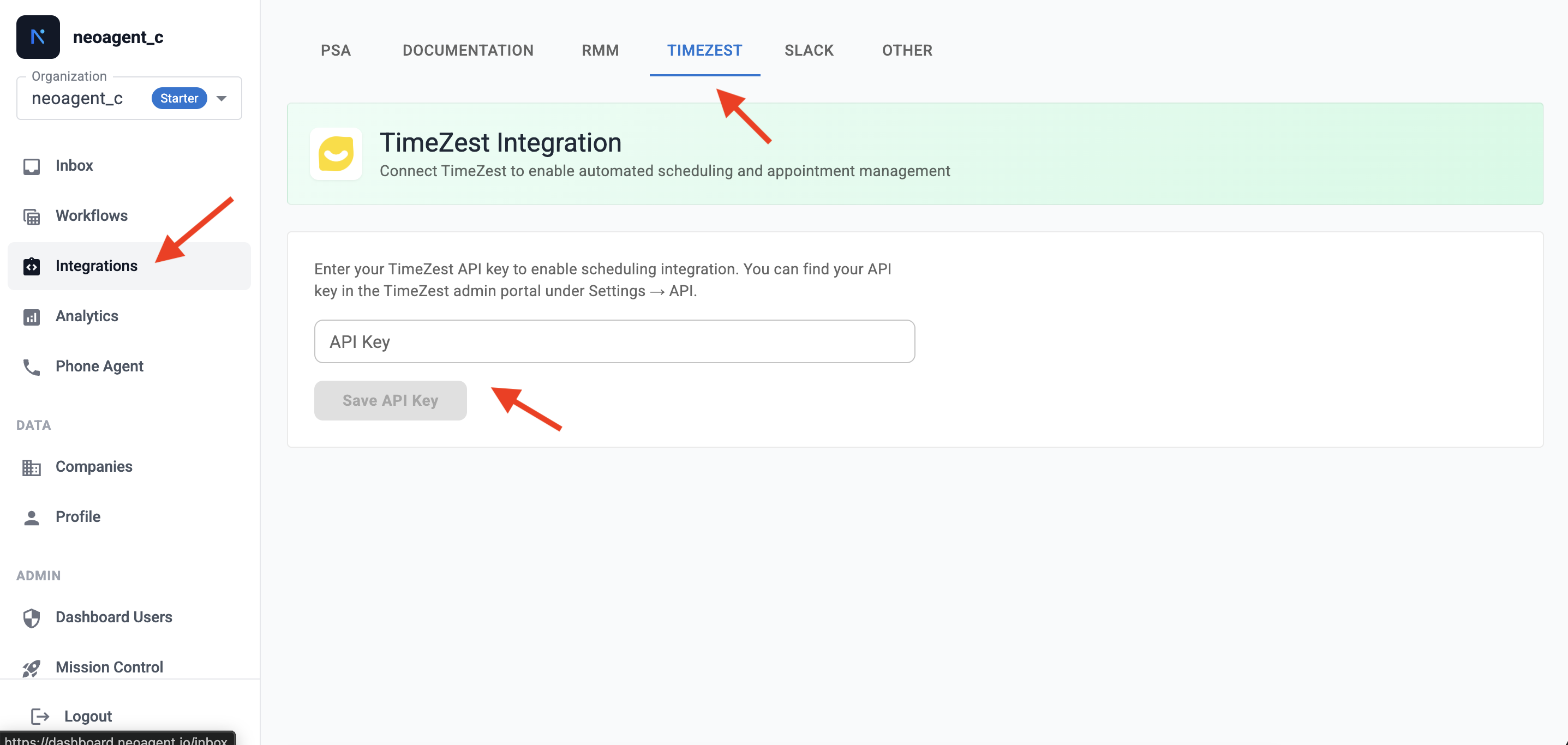 Neo Agent TimeZest integration page