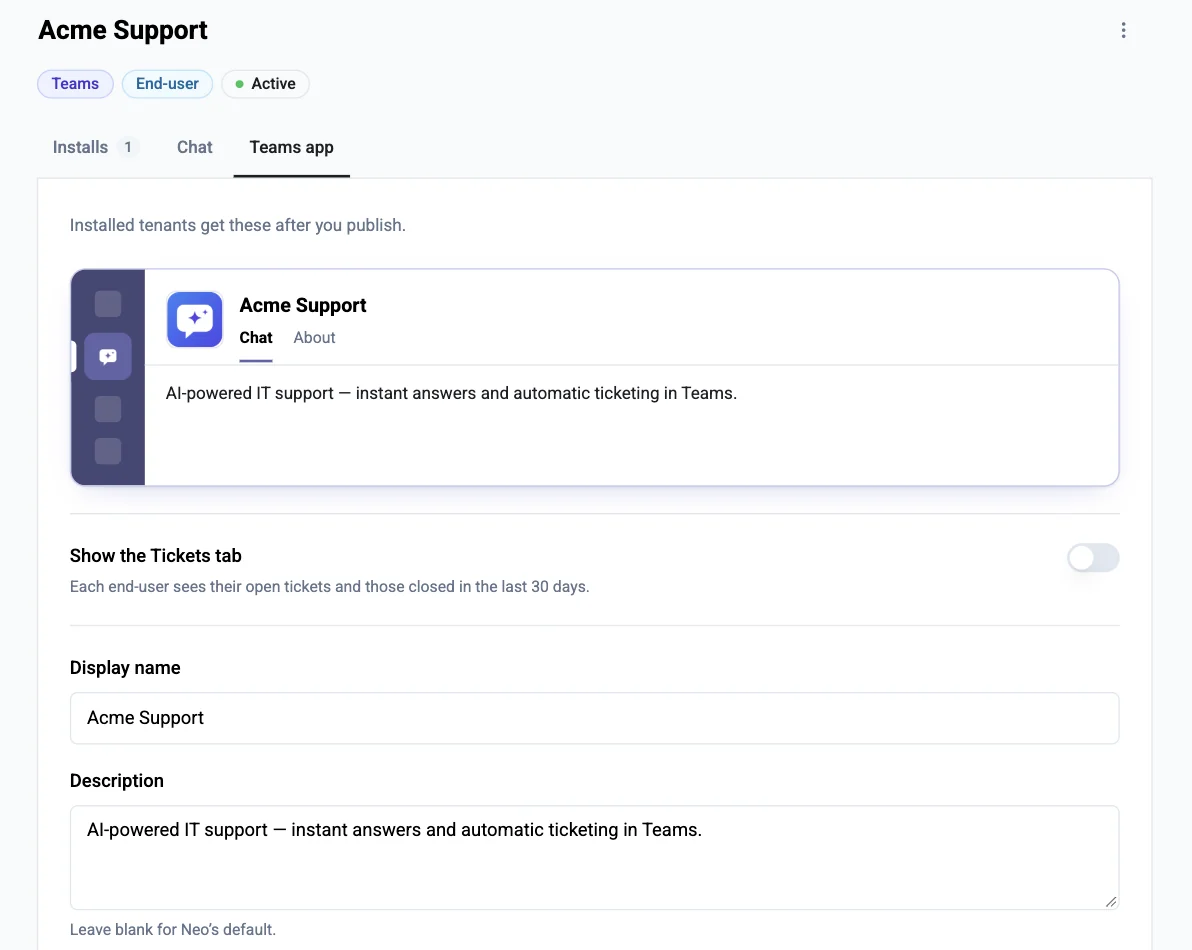 The Teams app tab of an end-user channel: a preview of the app in Teams, the Show the Tickets tab switch, and the display name and description fields
