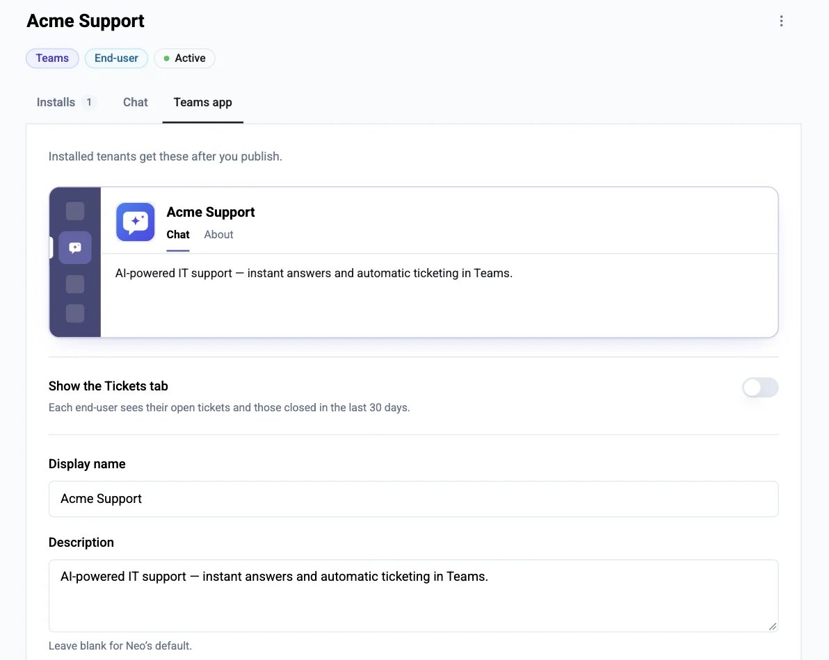 The Teams app tab of an end-user channel: a preview of the app in Teams, the Show the Tickets tab switch, and the display name and description fields