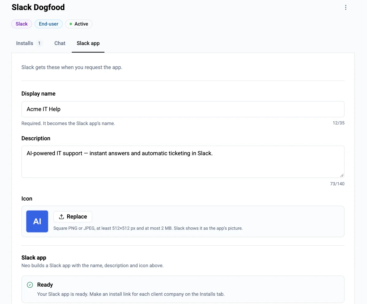 The Slack app tab of a Slack channel: display name, description and icon, and the Slack app status Ready