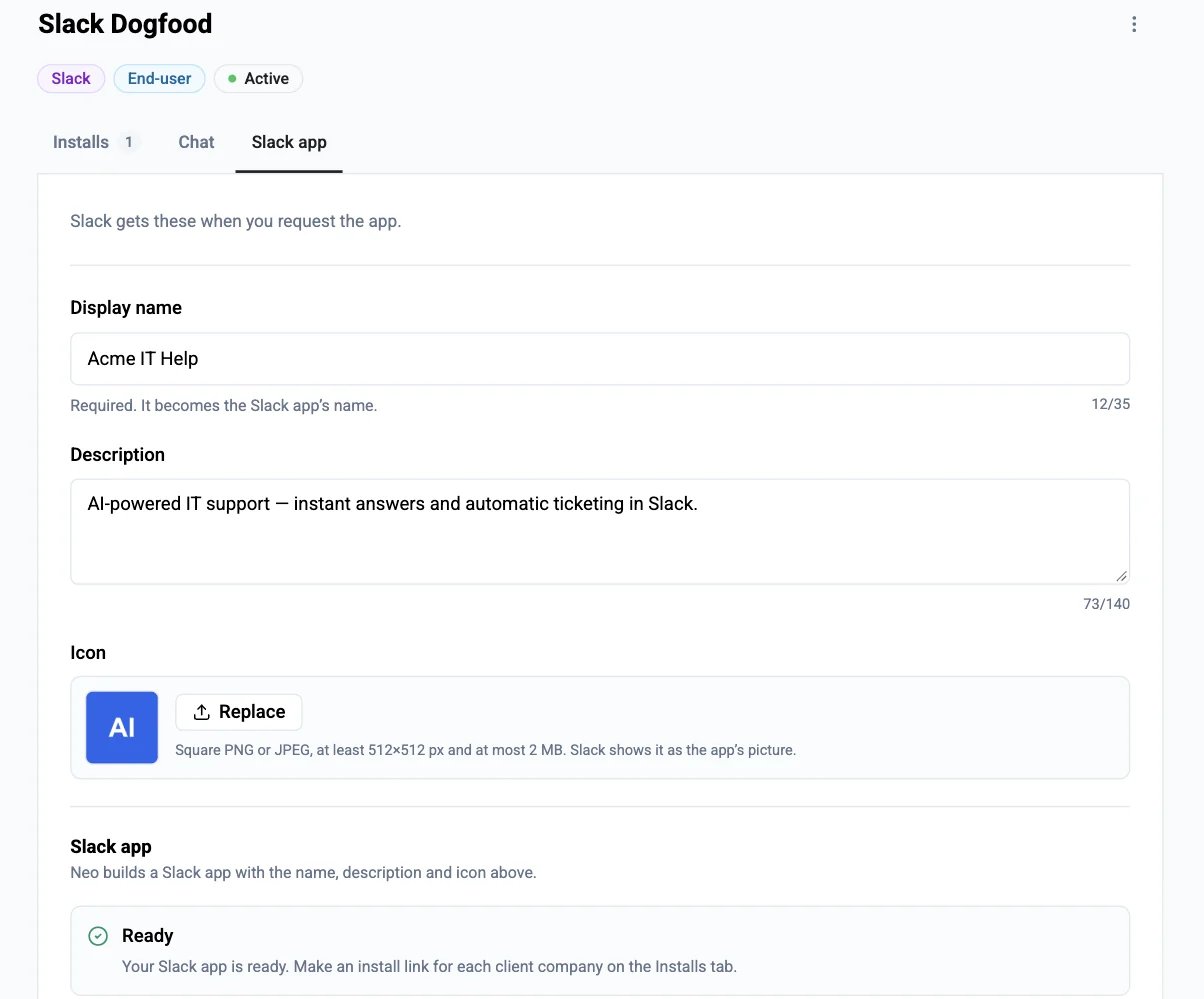 The Slack app tab of a Slack channel: display name, description and icon, and the Slack app status Ready