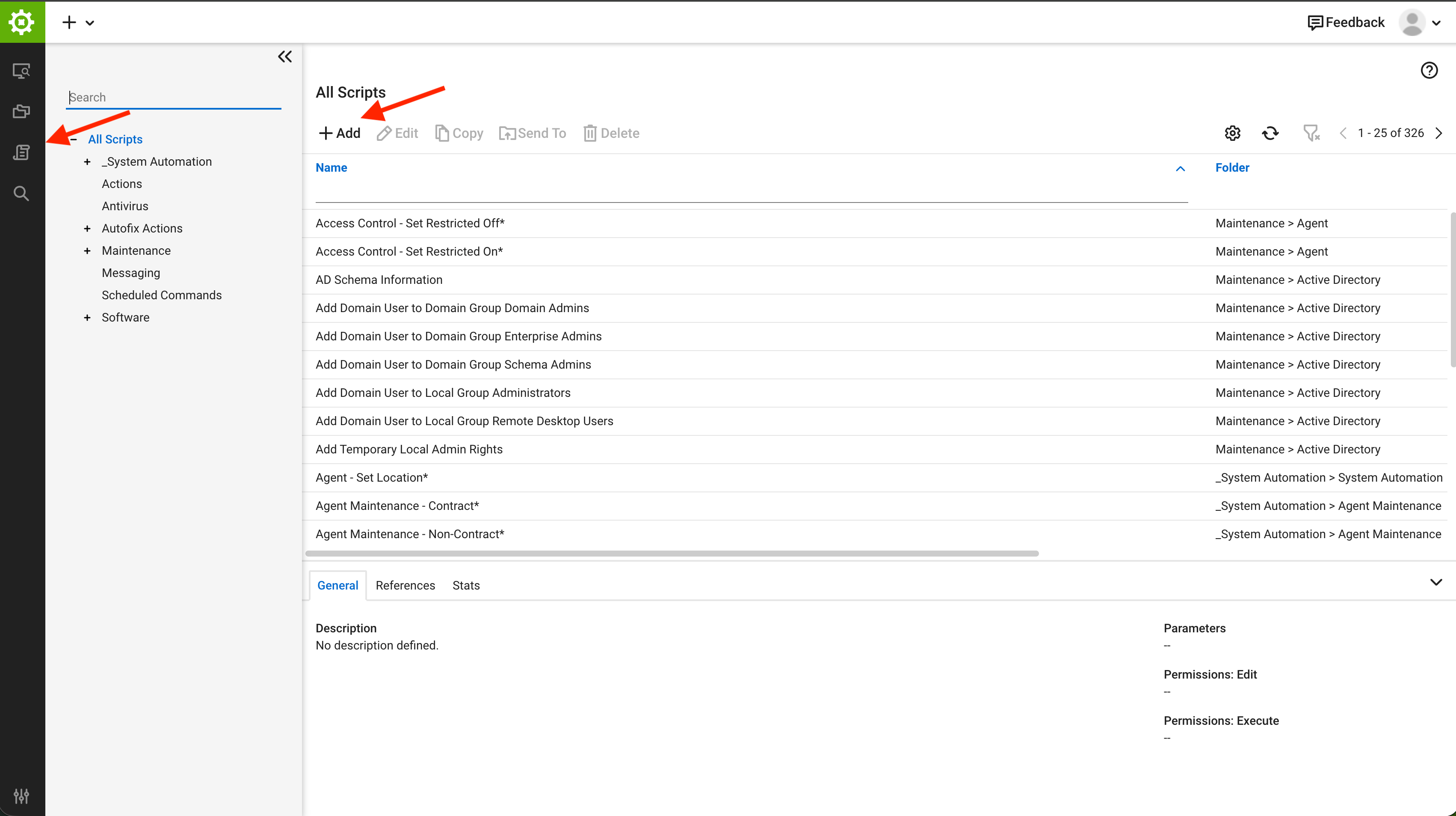 All Scripts view with the Add button in ConnectWise Automate