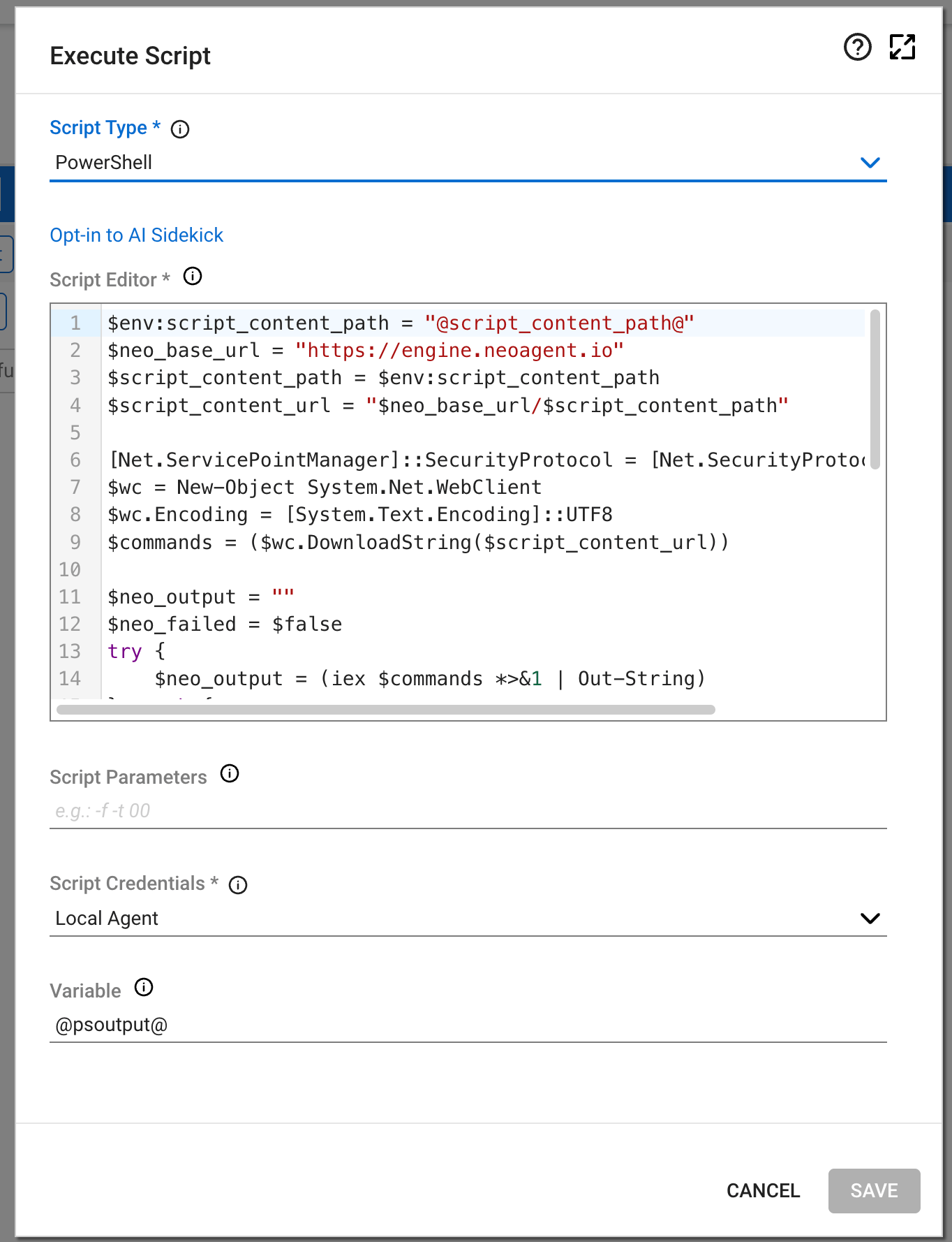 Execute Script step set to PowerShell, Local Agent, output variable psoutput