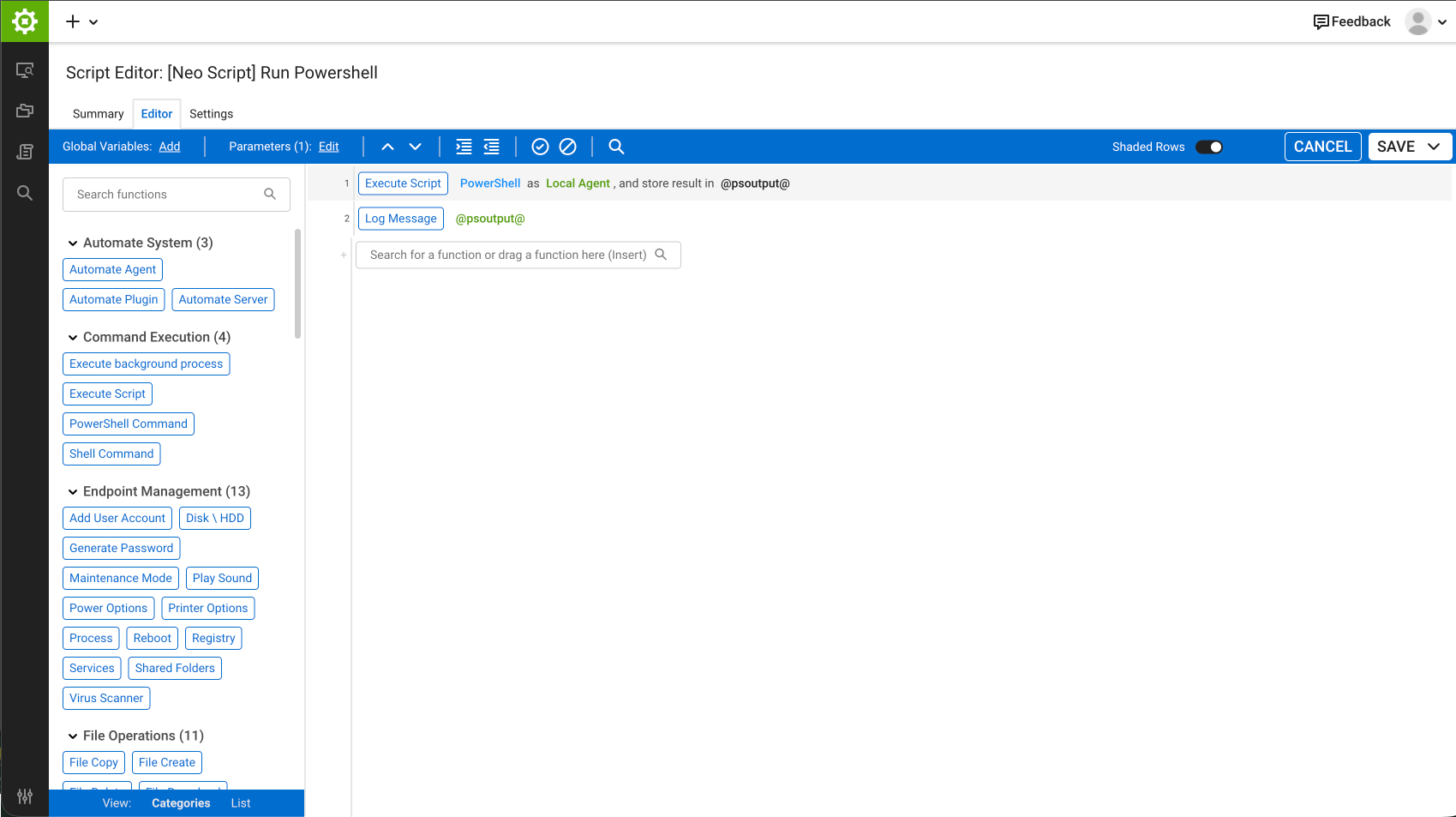 Editor showing the Execute Script and Log Message steps